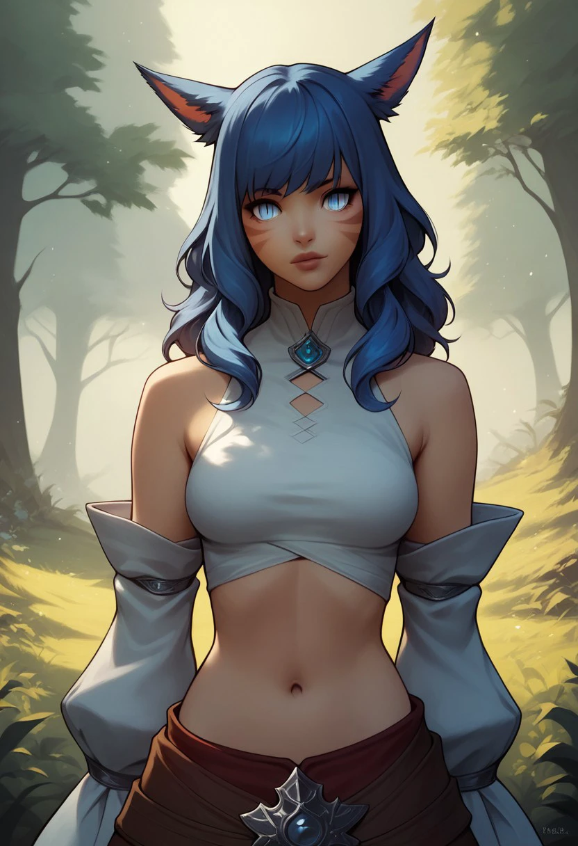 FemmeMiq, 1girl, solo, long hair, looking at viewer, bangs, blue eyes, navel, cat girl, cat ears, animal ears, animal ear fluff, medium breasts, blue hair, outdoors, detached sleeves, midriff, tree, lips, facial mark, slit pupils, whisker markings, miqo'te portrait, BREAK ,score_9, score_8_up, score_7_up, score_6_up, score_5_up, score_4_up,