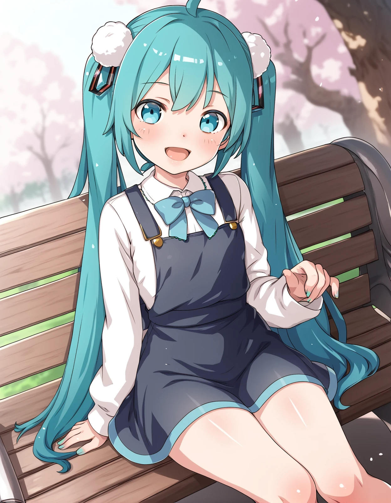 score_9, score_8_up, score_7_up,score_6_up,score_5_up,score_4_up, 1girl sitting on a park bench, dutch angle, smile, blush, looking at viewer, hatsune miku, hair ornament, shigure ui \(vtuber\), pinafore dress, long sleeves, open mouth, bowtie, pom pom hair ornament, blue dress,
<lora:samneco_style_pony6_v2-000034:1>