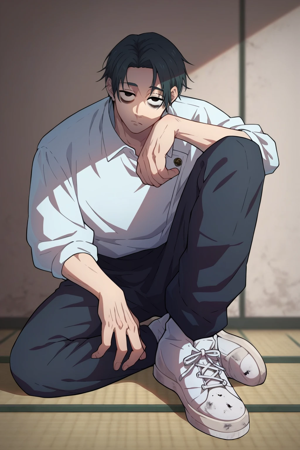 source_anime, score_9, score_8_up, score_7_up, BREAK, highly detailed, wallpaper, yuta okkotsu, 1boy, male focus, solo, expressionless, bags under eyes, looking at viewer, school uniform, white jacket, high collared, black pants, white footwear, sitting on floor, leg up, indoors,