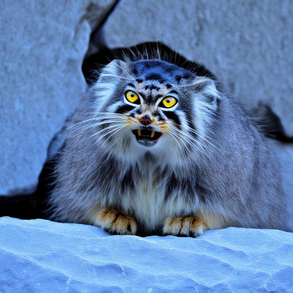 yellow eyes, close-up, open mouth, depth of field, fangs, yellow sclera, animal, otocolobus manul, rock, outdoors, manul, animal focus, curled up