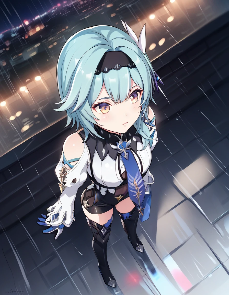 score_9, score_8_up, score_7_up,score_6_up,score_5_up,score_4_up,  1girl,  eula \(genshin impact\), from above, night, reflective floor, rain, dutch angle, city lights, fisheye, 
 <lora:samneco_style_pony6_v2-000034:1>