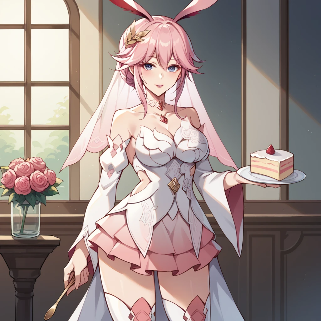 score_9_up, score_8_up, score_7_up, score_6up, source_anime, 1girl, solo, Yae_Sakura, Yae_Wed, masterpiece, best quality, sun light, shadow, roses, standing, holding plate, holding spoon, (tall wedding cake)++, looking at you, seductive smile, parted lips, blush, hair ornament, fox ears, yae sakura, hair bun, pink hair, pink rose, thigh boots, white footwear, wedding dress, white dress, veil, choker, bridal veil, cleavage, bride, pink skirt, detached sleeves, dynamic cowboy shot, mature body, indoors, pink roses, garden background,