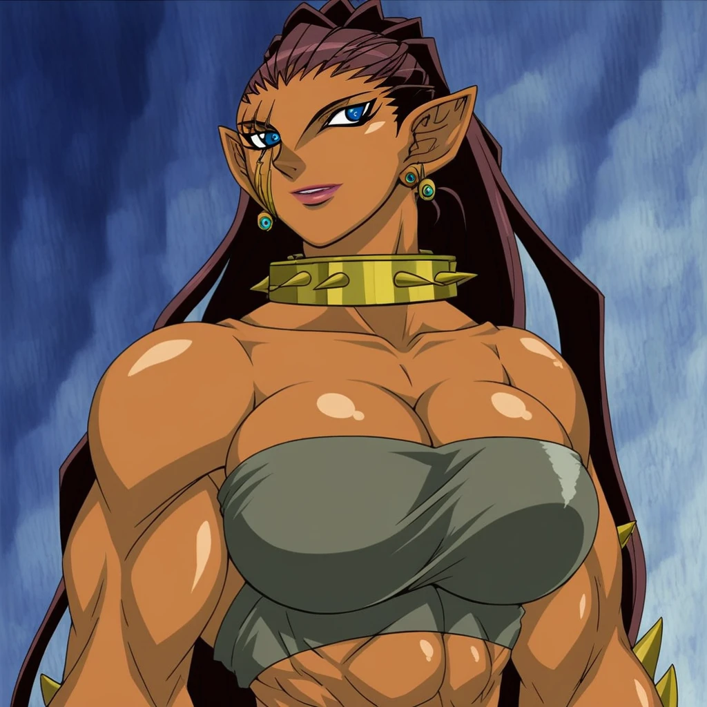 Cleopatra girl, pink ponytail hair, huge breasts, extreme muscular body, extreme muscular arms, extreme muscular tights, green scale skin, dragon horns, dragon wings, paws, 3 dragon tails.