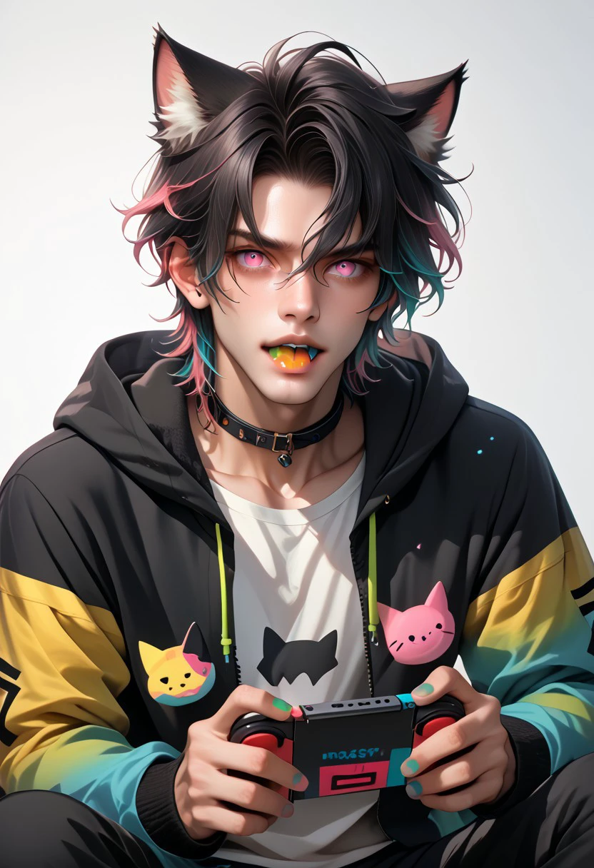 DskMiqo, 1boy,  black hair, black jacket, black pants, can, choker, collar,  cat boy, cat ears, animal ears, animal ear fluff, collarbone, colored tongue, hair between eyes, hair ornament, hairclip, handheld game console, holding, holding controller, hood, hood up, hooded jacket, hoodie, jacket, long sleeves, looking at viewer, male focus, nail polish, nintendo switch, open mouth, pants, pink eyes, shirt, short hair, simple background, sitting, solo, white background, white shirtn BREAK ,score_9, score_8_up, score_7_up, score_6_up, score_5_up, score_4_up,