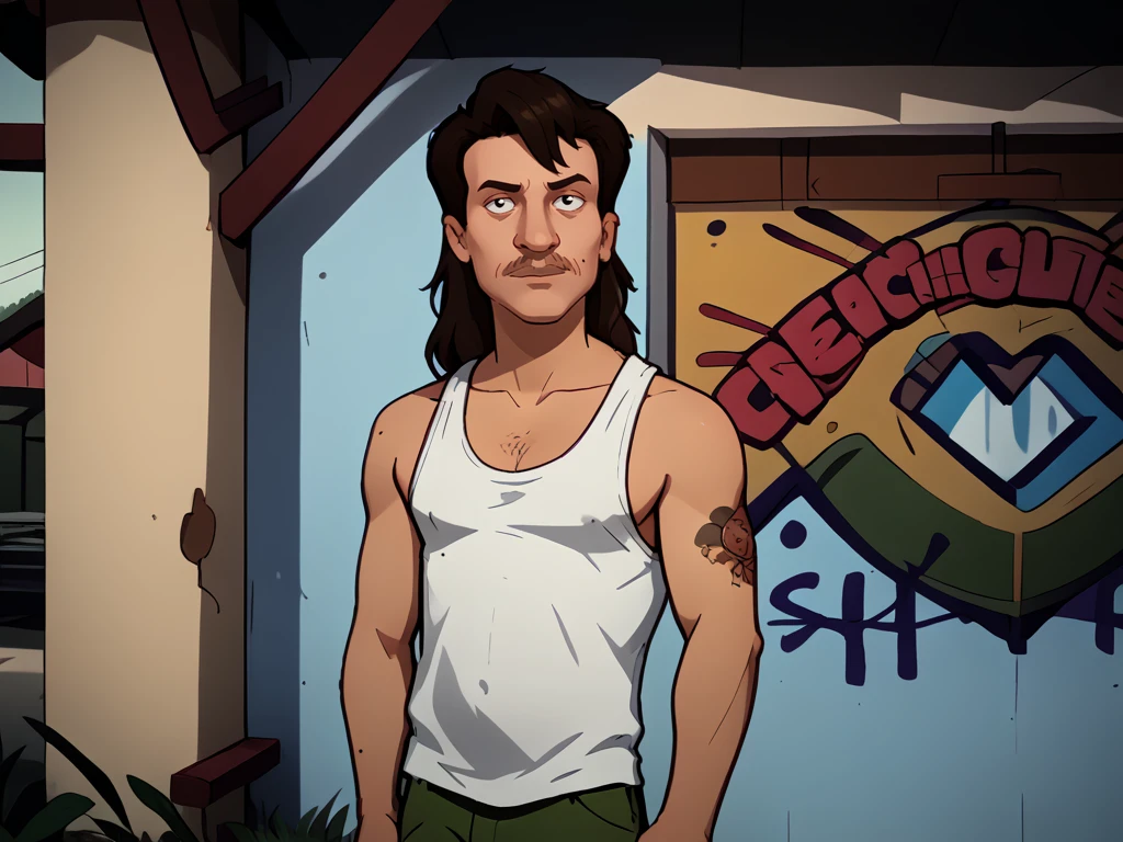 <lora:Gilbert_Dauterive_-_King_Of_The_Hill-10:1.1>Gilbert, solo, brown hair, mole on cheek, mustache, portrait, tank top, parachute_pants, gang tattoos, long hair, greasy lookin mothafuck, gnarly, standing in front of graffiti,, source_cartoon, score_9, score_8_up, score_7_up,