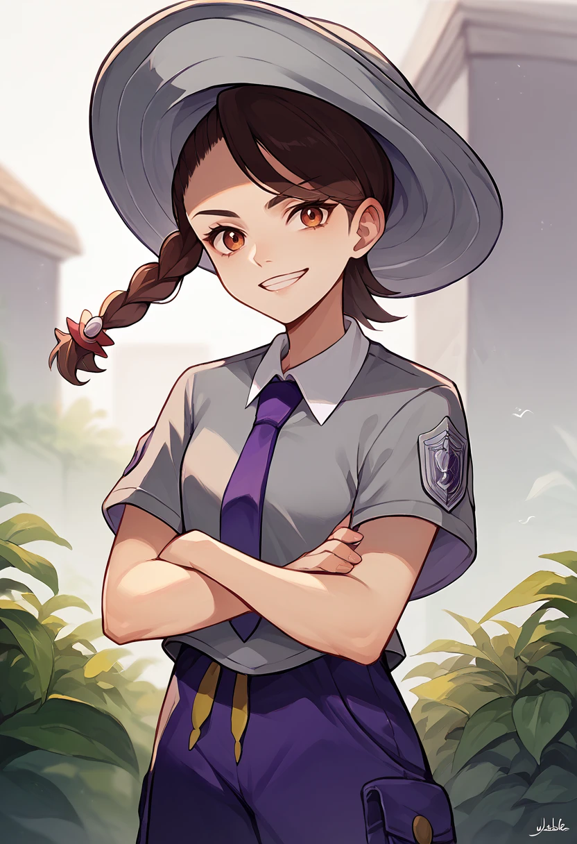 score_9, score_8_up, score_7_up, solo, 1girl, julianaviolet, grin, looking at viewer, standing, crossed arms, single braid, grey headwear, hat, school uniform, grey shirt, collared shirt, purple necktie, short sleeves, purple shorts, outdoors <lora:pokemon_juliana_ponyXL:1>