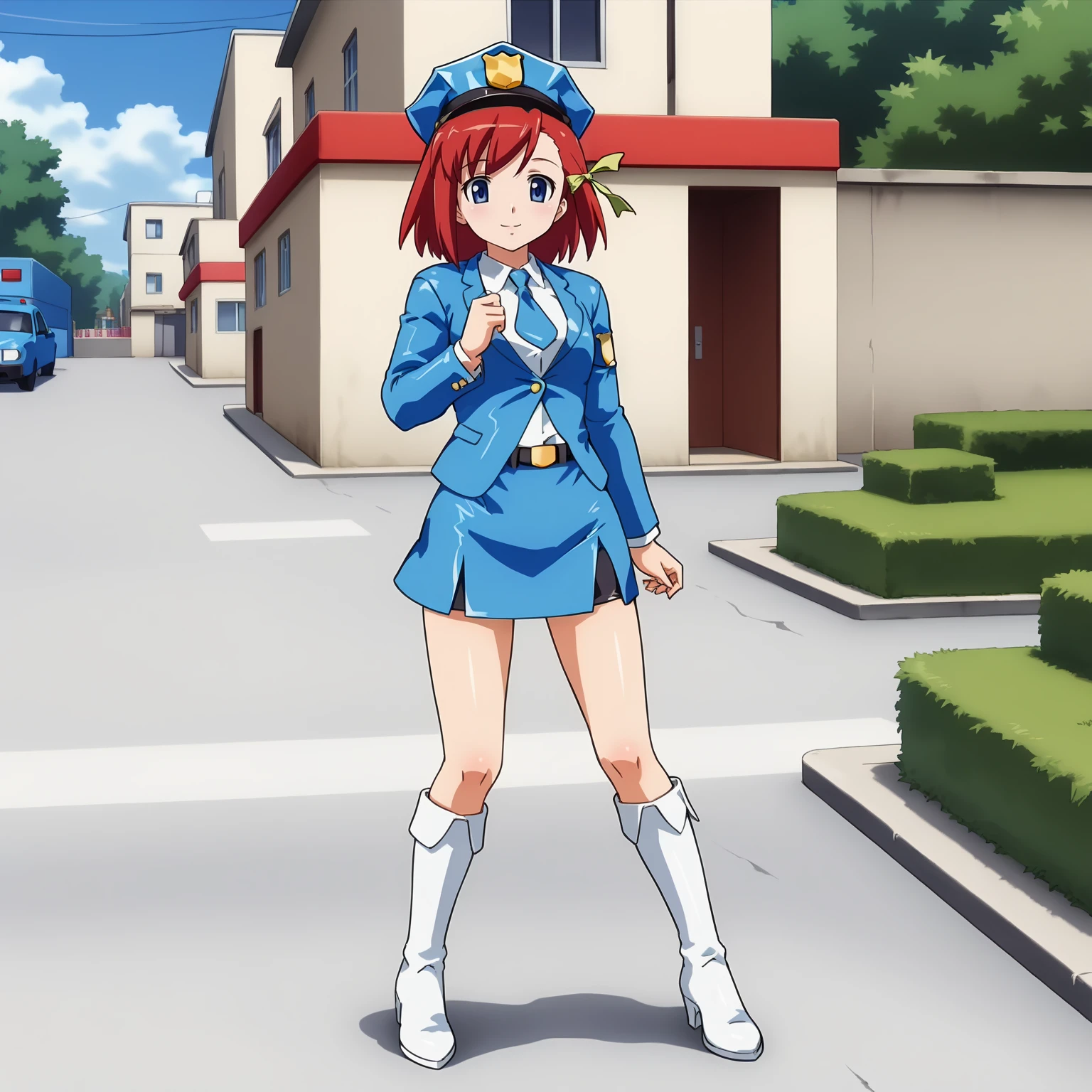 <lora:MSPAkaneXLpony001>,
smile,
solo,
MSPAkane,1girl,red hair,short hair,hair ribbon,blue eyes,
police hat,
blue jacket,necktie,
belt,blue skirt,mini skirt,
white boots,high_heel_boots,
full body,standing,
outdoors,