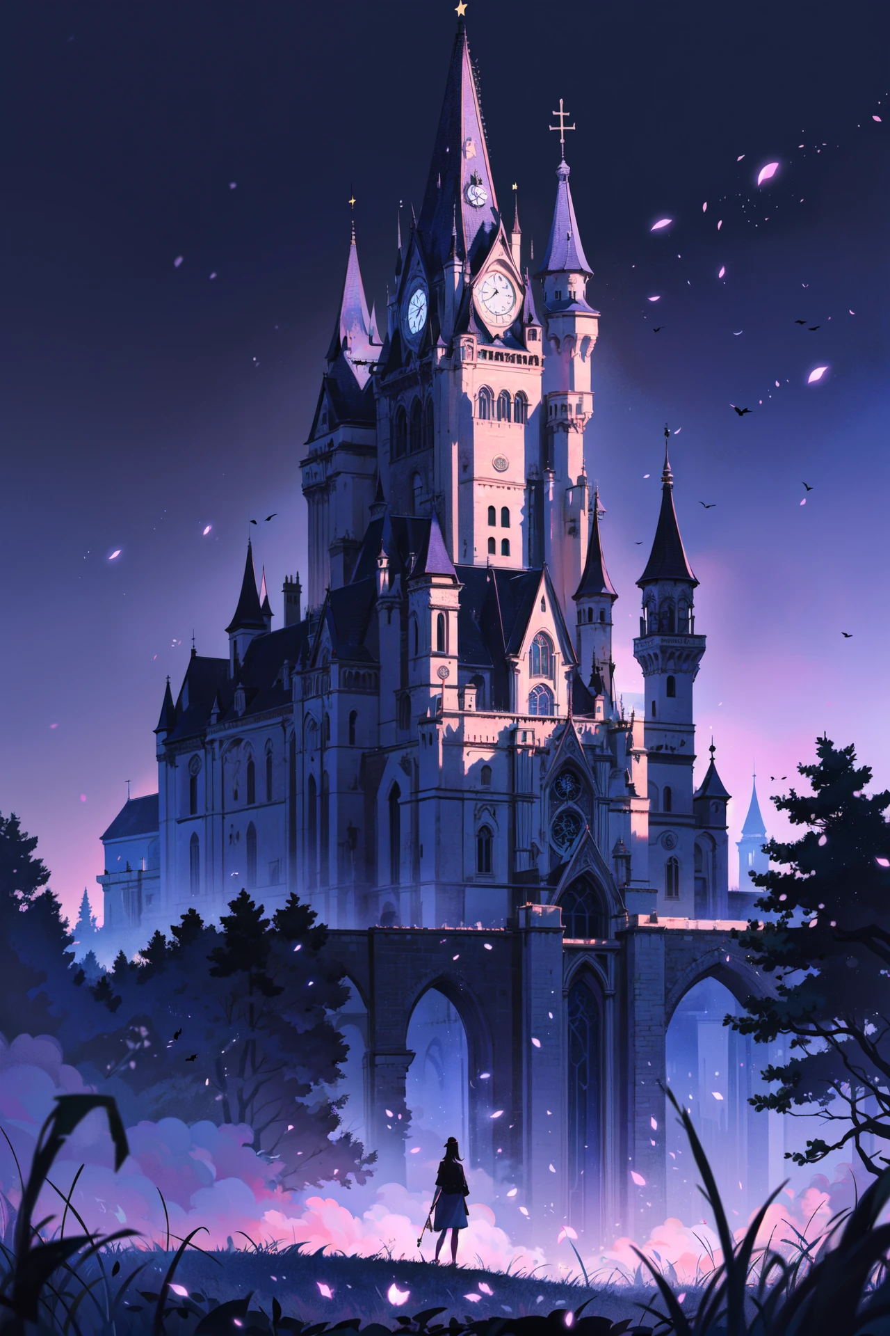 ((best quality, masterpiece, absurbres, super-resolution)), Gothic ancient Castle, black roses field, Black and Dark Purple, Dark tone, Landscape