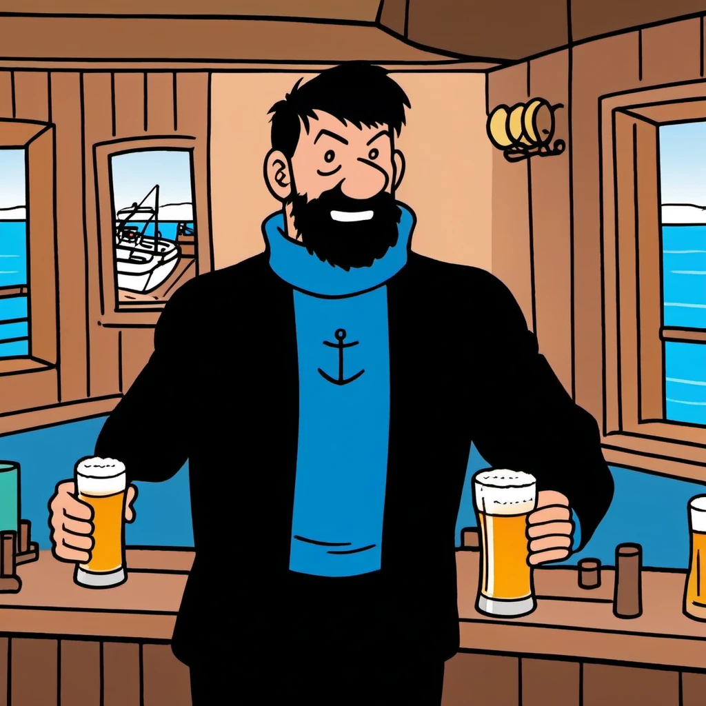 comic a man ,black hair, blue shirt, black jacket, blush, black pant, facial hair, aving a beer in a cruiseboat pub <lora:Haddock1024:0.8> . graphic illustration, comic art, graphic novel art, vibrant, highly detailed