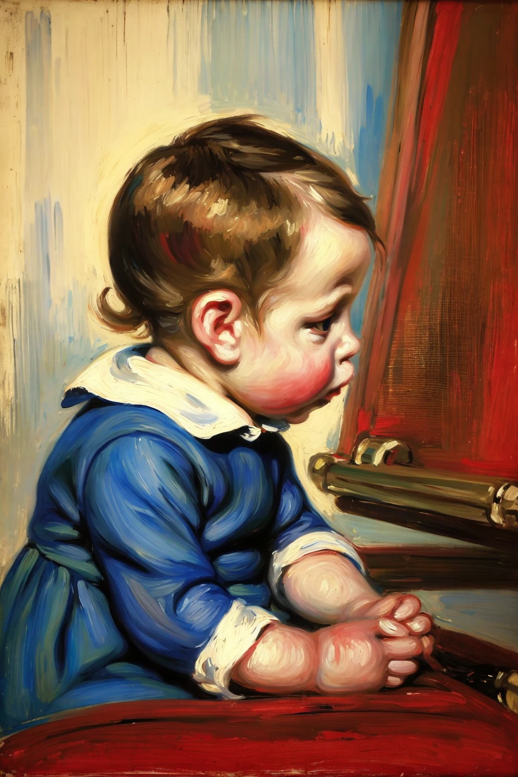 Impressionism, Renoir,
The image showcases a painting of a young child, possibly a girl, with blonde hair. She appears to be in a contemplative or serene mood, gazing slightly to the side. The painting style is reminiscent of the Impressionist era, characterized by loose brush strokes and a focus on capturing the essence of the subject rather than intricate details. The child is dressed in a white blouse with a blue collar and a dark-colored dress or skirt. The background is a muted brown, which contrasts with the lighter tones of the child's hair and clothing. The painting captures a sense of innocence and childhood., (((masterpiece))),(((bestÂ quality))),((ultra-detailed))