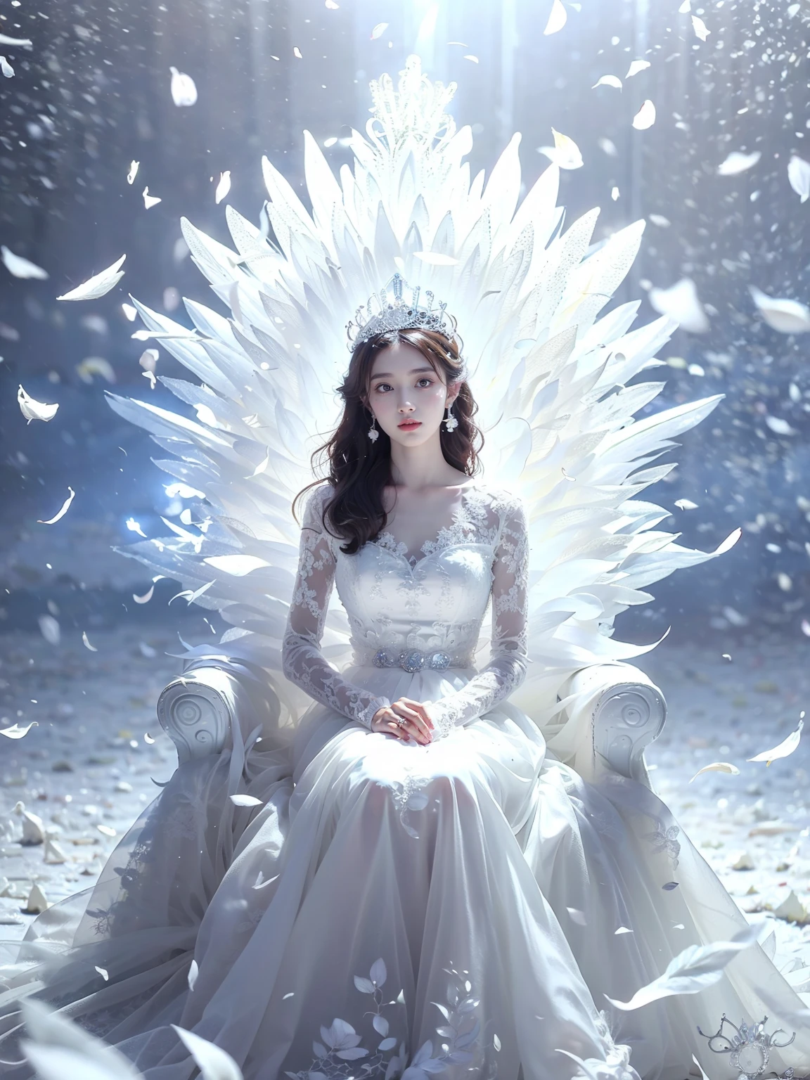 photorealistic,realistic,photography,masterpiece,best quality,ultra-detailed,extremely detailed CG unity 8k wallpaper,(reality: 1.4),1girl,solo, full body,sitting,arms on both sides,black hair,long hair,hair ornament,looking at viewer,real hands,white background,white wedding dress,tiara,jewelry,((white petals throne)), <lora:JAY-WHITE PETALS THRONE:0.8>