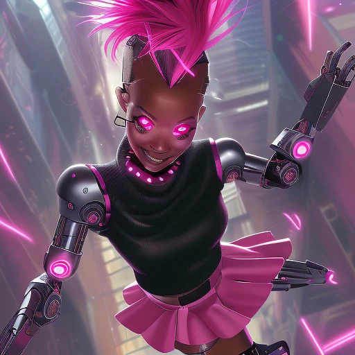 1girl, Single female Black Hispanic cyborg with a robotic body, dark brown skinned, pink mohawk, trying to dress in normal college girl clothes, black sweater, pink skirt, pink eyes, realistic style, flying in the air above viewer, holding down skirt like Marilyn Monroe while floating in the air