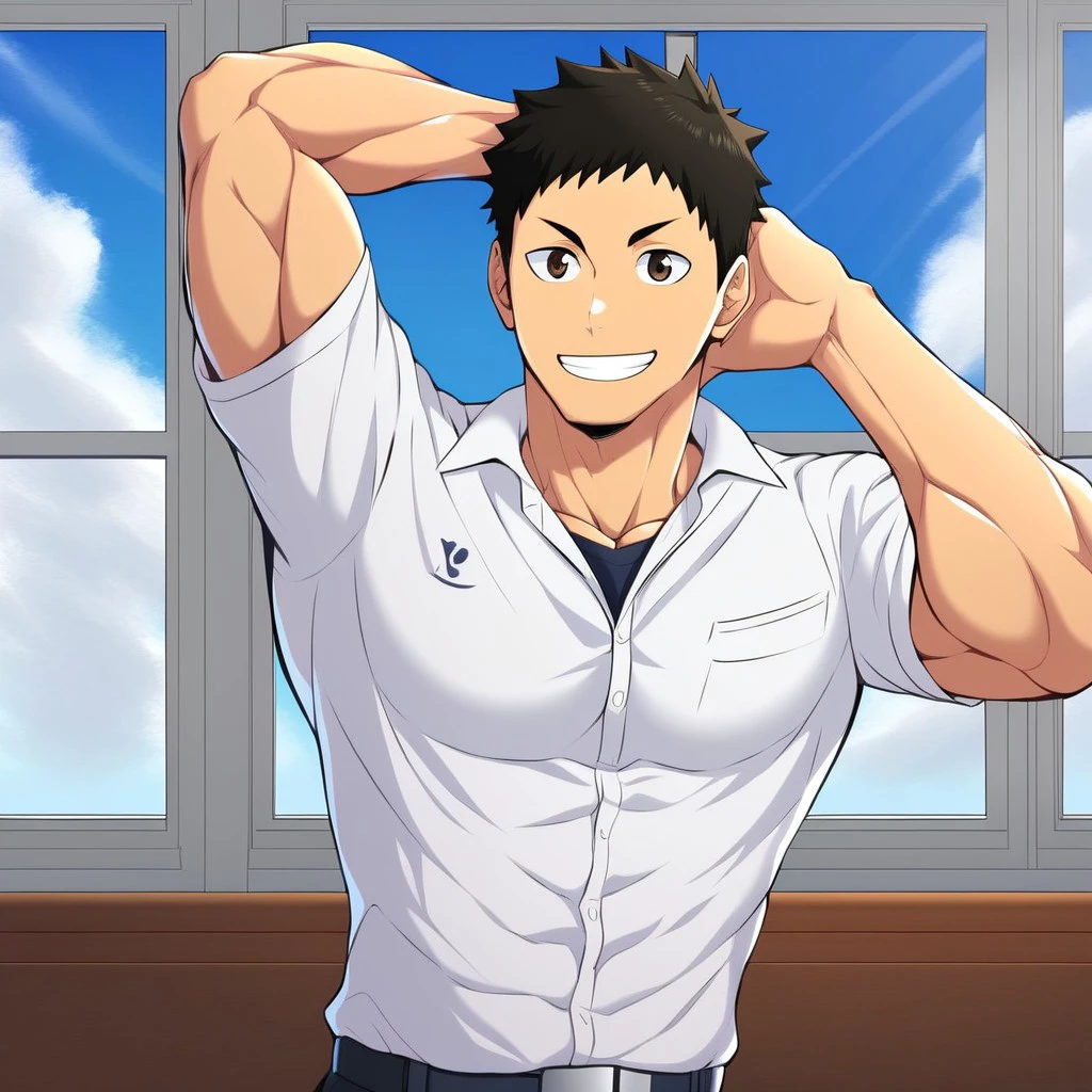 daichi, toned, smile, shirt, 1boy, white shirt, sky, cloud, window, collared shirt, indoors, upper body, male focus, muscular, abs, pectorals, muscular male, large pectorals