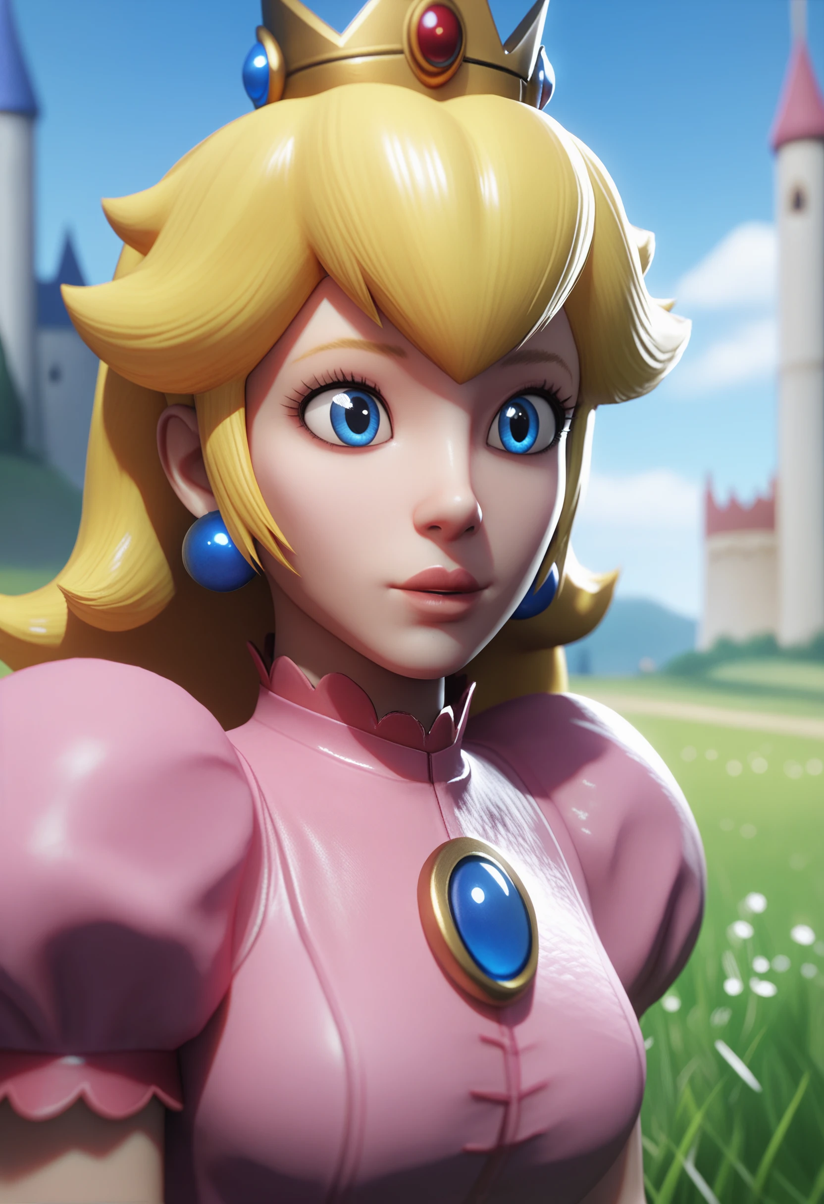 score_9, score_7_up <lora:nyl2-guy-PONY-DORAv1:1>, 3d, 1girl, solo, portrait, princess peach, blonde hair, castle, depth of field, outdoors, blue sky, grass,