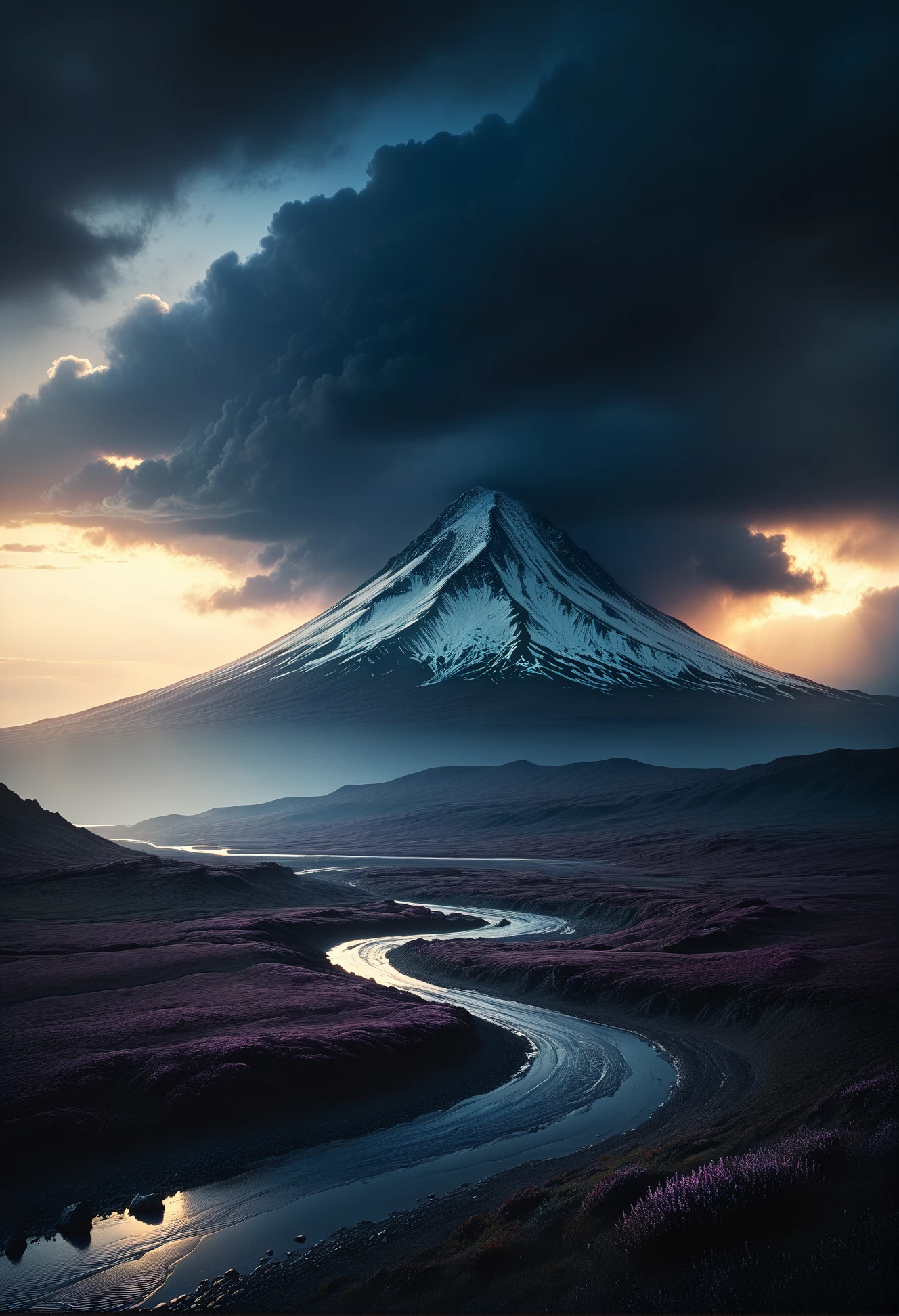 highly detailed and hyper realistic image, by Alena Aenami , by Archibald Thorburn , by Daniele Afferni , a breathtaking otherworldly landscape with mystery colors , in the style of monochromatic silhouette reflection, limited dark palette, unusual dark colors, faded colors, atmospheric haze, highly dramatic cinematic lighting, motion blur, film grain, professional, excellent composition, finest details, maximized details, ultimate detail level, masterpiece, best quality, OverallDetailXL, Fixl-art, <lora:Art-full_v1:0.3>