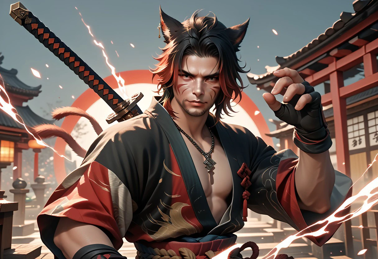 DskMiqo, 1boy, animal ears, black hair, cat boy, cat ears, animal ears, animal ear fluff, facial hair, facial mark, fingerless gloves, gloves, japanese clothes, jewelry, male focus, necklace, two tone hair, black hair, red hair, solo, sword, weapon, miqo'te, BREAK ,score_9, score_8_up, score_7_up, score_6_up, score_5_up, score_4_up,