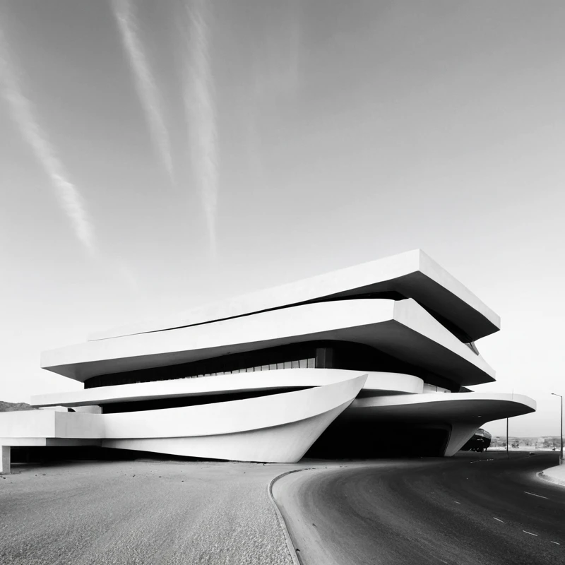  black & white architecture photography, future minimal museum in Jordan, designed by SANAA, made of pale wood, form inspired by brutal architecture, early dawn shot white sky, diffused light, ((blind facade)), long exposure, super realistic, 8k, professional photography