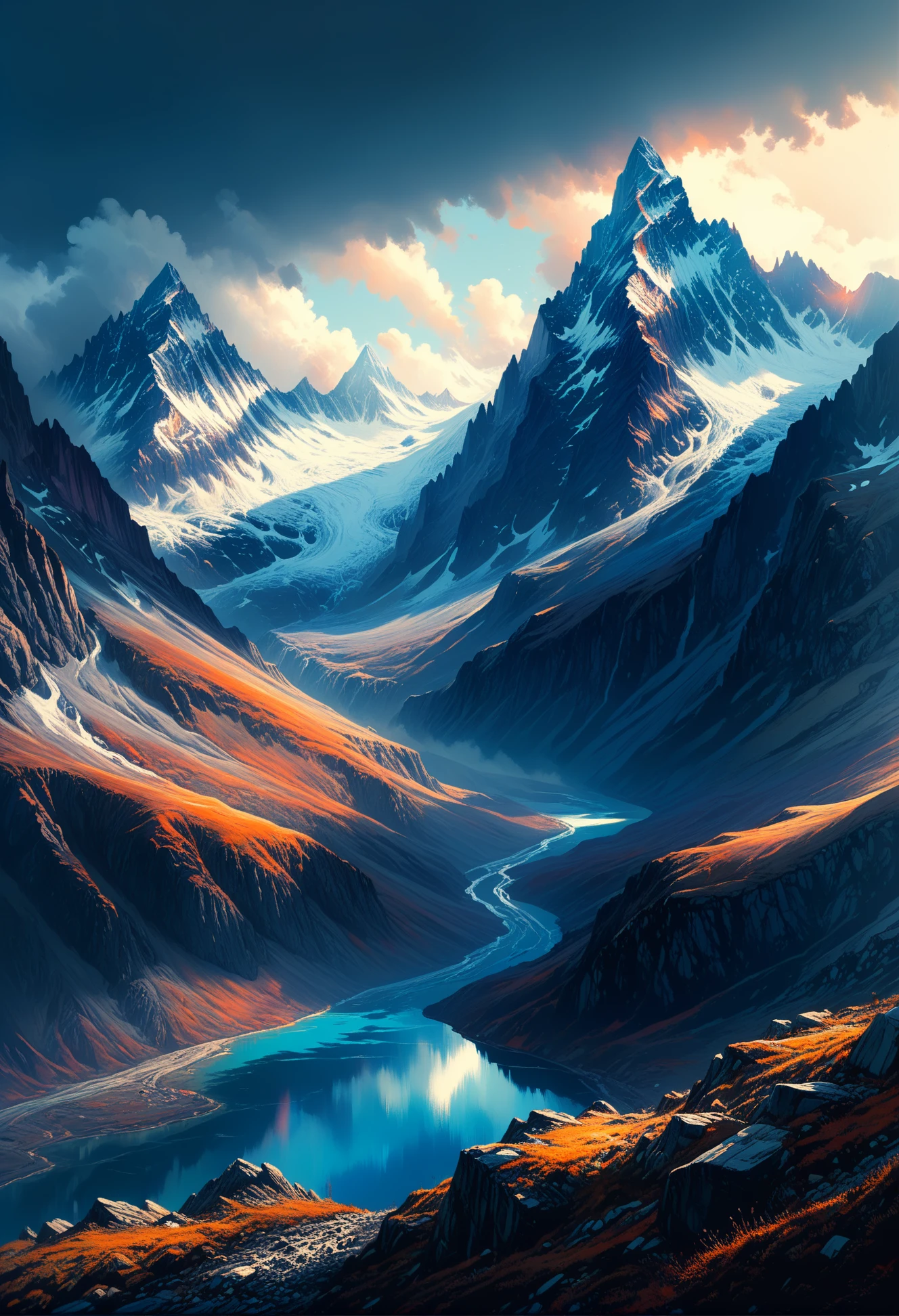 A highly detailed and hyper-realistic image by Alena Aenami, Archibald Thorburn, and Daniele Afferni, depicting a breathtaking otherworldly mountain range with mystery colors. The scene features towering peaks in the style of monochromatic silhouette reflection, with a limited dark palette including deep indigo, burnt orange, and muted olive green. Atmospheric haze and highly dramatic cinematic lighting enhance the mystical atmosphere. The image includes motion blur and film grain for a professional touch, with excellent composition and the finest details. Every element is maximized to the ultimate detail level, creating a masterpiece of the best quality. <lora:Wildcard-Detail_Enhancer:1>