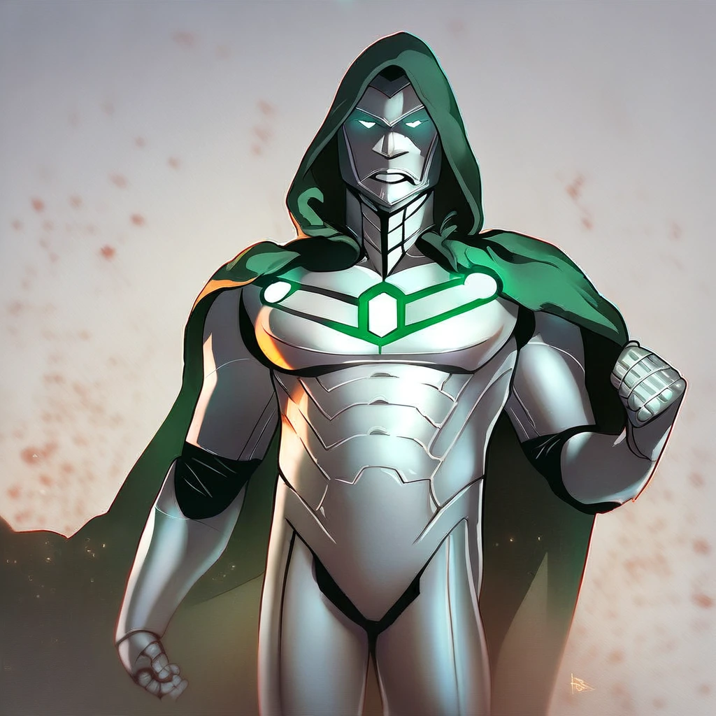 source_comics, source_marvel, source_cartoon, score_9, score_8_up, score_7_up, infamous iron man, green hood, silver helmet, angular faceplate, glowing eyes, power armor, silver armor