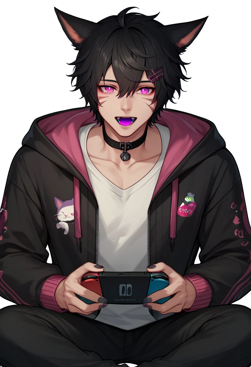 DskMiqo, 1boy,  black hair, black jacket, black pants, can, choker, collar,  cat boy, cat ears, animal ears, animal ear fluff, collarbone, colored tongue, hair between eyes, hair ornament, hairclip, handheld game console, holding, holding controller, hood, hood up, hooded jacket, hoodie, jacket, long sleeves, looking at viewer, male focus, facial markings, ffxiv, nail polish, nintendo switch, open mouth, pants, pink eyes, shirt, short hair, simple background, sitting, solo, white background, white shirt, miqo'te BREAK ,score_9, score_8_up, score_7_up, score_6_up, score_5_up, score_4_up,