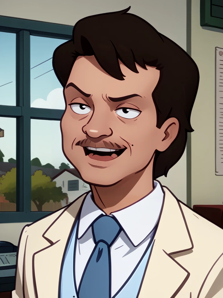 <lora:Gilbert_Dauterive_-_King_Of_The_Hill-10:1>gilbert, brown hair, cream_suit_coat, white_collared_shirt, mole on cheek, mustache, light blue vest, blue necktie, pocketwatch_chain, mouth open, teeth, talking, lowered eyelids, raised eyebrow, portrait, smirk,, source_cartoon, score_9, score_8_up, score_7_up,