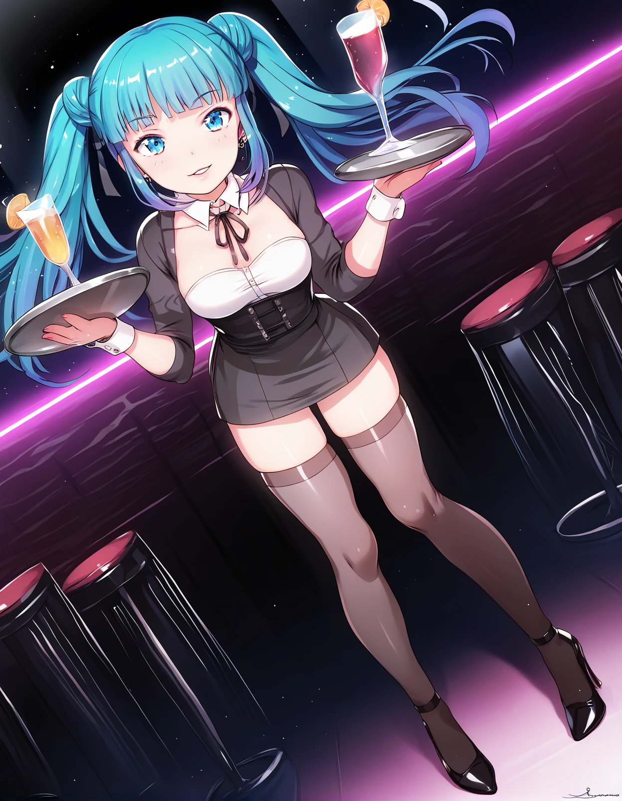 (score_9,score_8_up,score_7_up,score_6_up),masterpiece,best quality, source anime, rating_safe,cowboy shot. playboy bunny,(black shiny enamel bunny suit)black rabbit ears,red bow tie,fishnet tights, red high heels, 1girl,(solo:1.3),small breast,cute,parky,energish,emerald green hair, blunt bangs,long hair,straight hair,BREAK beautiful and shiny eyes, pale blue eyes,tareme, nose blush,in heat,slightly smile,standing,leaning forward with her legs apart,one hand one hip,posing,at night club,moody lighting,Large windows, night view,(A neon sign that reads "Bunny Girls"),neon lights ,dynamic angle, ,((high_quality)), ((Super_Detailed)), ,sc3n3ry