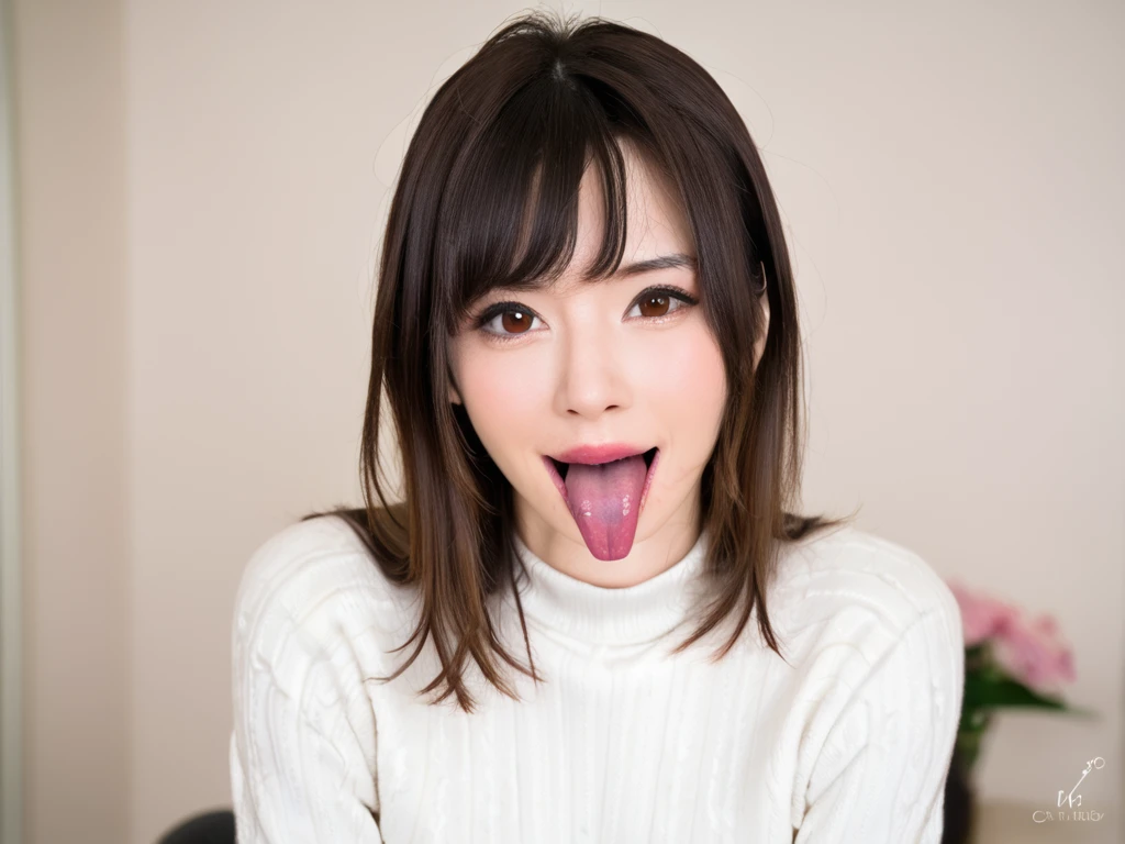 1lady, japanese, <lora:Honoka:0.8>hnk tongue, sweater,