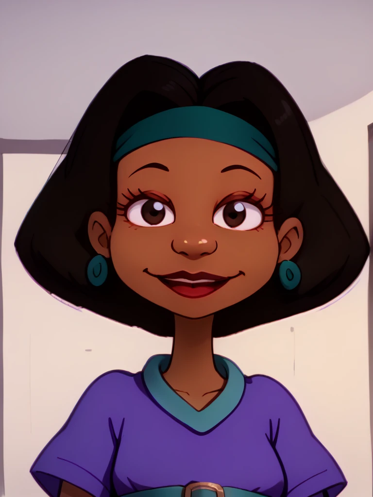 <lora:Lucy_Carmichael_-_Rugrats_-_1992-10:1.25>lucy_carmichael, 1girl, dark-skinned female, black hair, short hair, lipstick, blue headband, earrings, purple dress with blue collar, solo, jewelry, dark skin, blue waist belt, short sleeves, purple dress, hairband, headband, dress, belt, makeup, smile, upper body, portrait, mouth open, face focus, looking at viewer, close up, dark brown eyes,, source_cartoon, score_9, score_8_up, score_7_up,