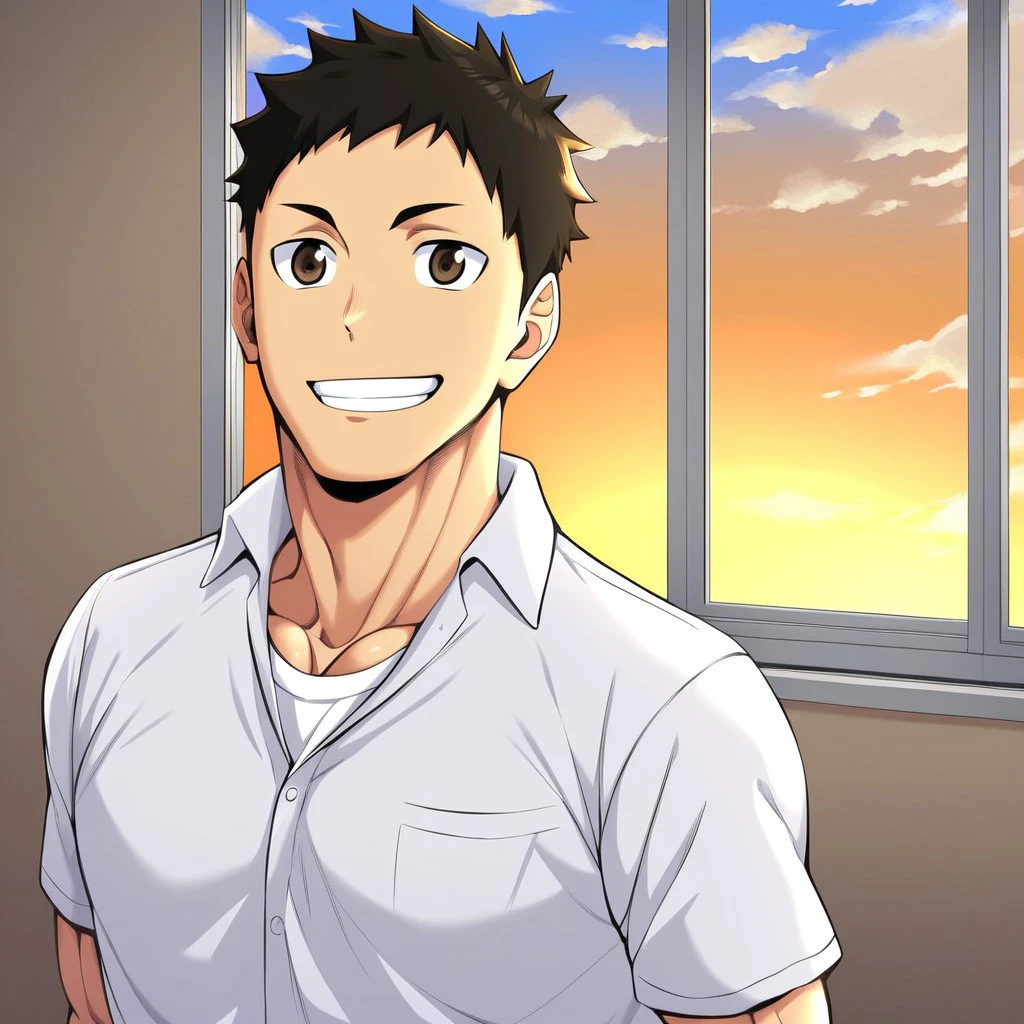 daichi, toned, smile, shirt, 1boy, white shirt, sky, cloud, window, collared shirt, indoors, upper body, male focus, muscular, abs, pectorals, muscular male, large pectorals