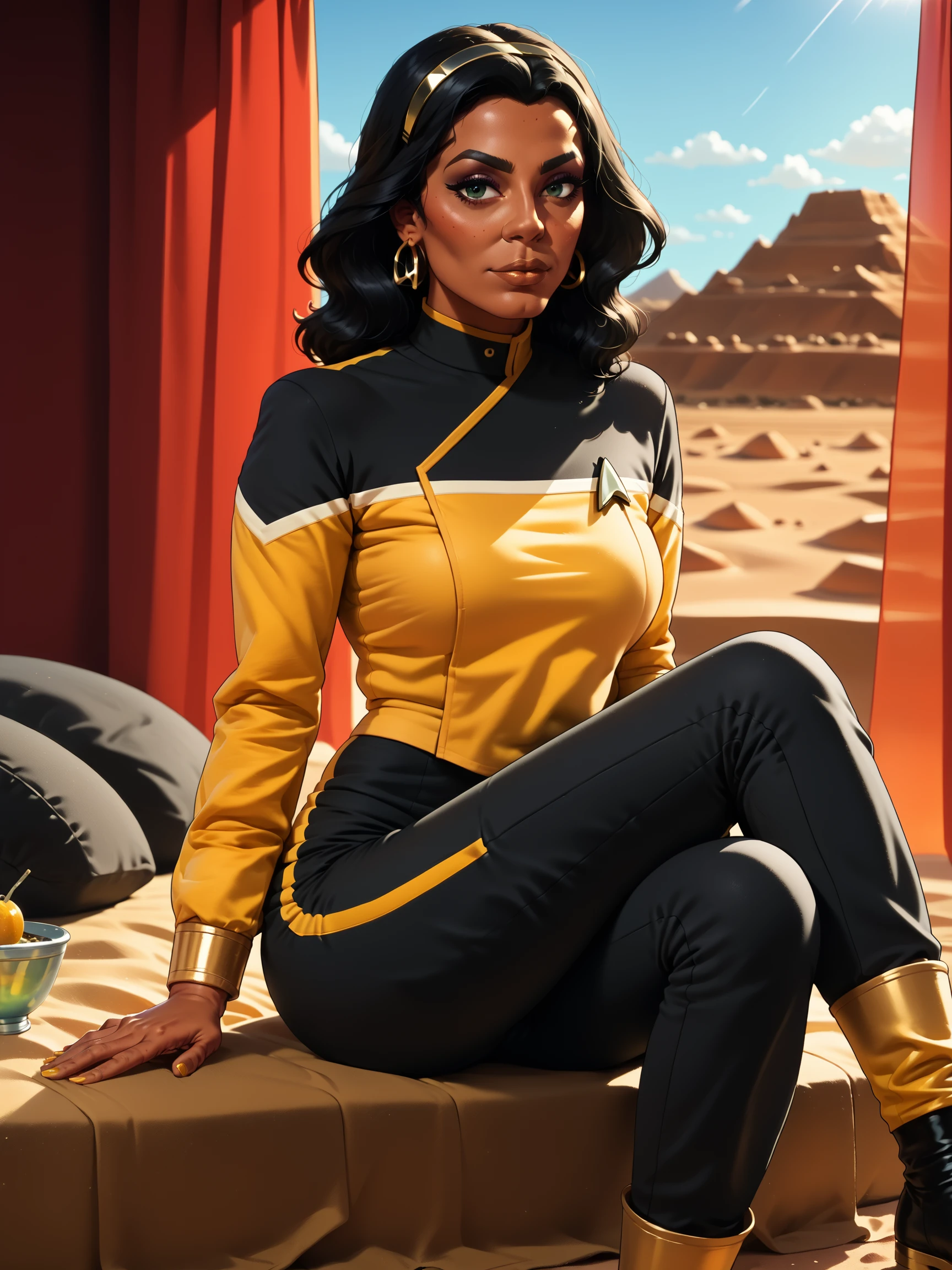 score_9, score_8_up, score_7_up, score_6_up, score_5_up, 1girl in sttldunf  star trek black and yellow uniform ,black shoulders,black pants, sitting on a mound on a desert,arabian woman<lora:STTLPony:0.8>