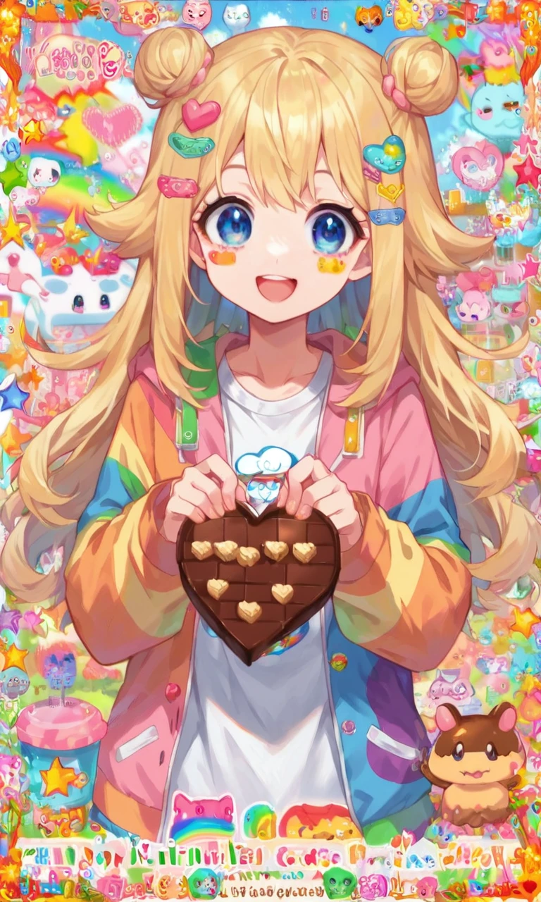 score_9, score_8_up, score_7_up, score_6_up, score_5_up, source_anime, cute, kawaii, cutecore, kawaiicore, cutegore, kawaiigore, colorful stars, pastel colors, hearts, rainbow, rainbow text, border, stickers, chocolate bar sticker, rainbow crayons sticker, hearts stickers, cute animals stickers, kawaii animals stickers, 1girl, cute anime girl, kawaii anime girl, blonde hair, blue eyes, holding a rainbow flag, looking at viewer