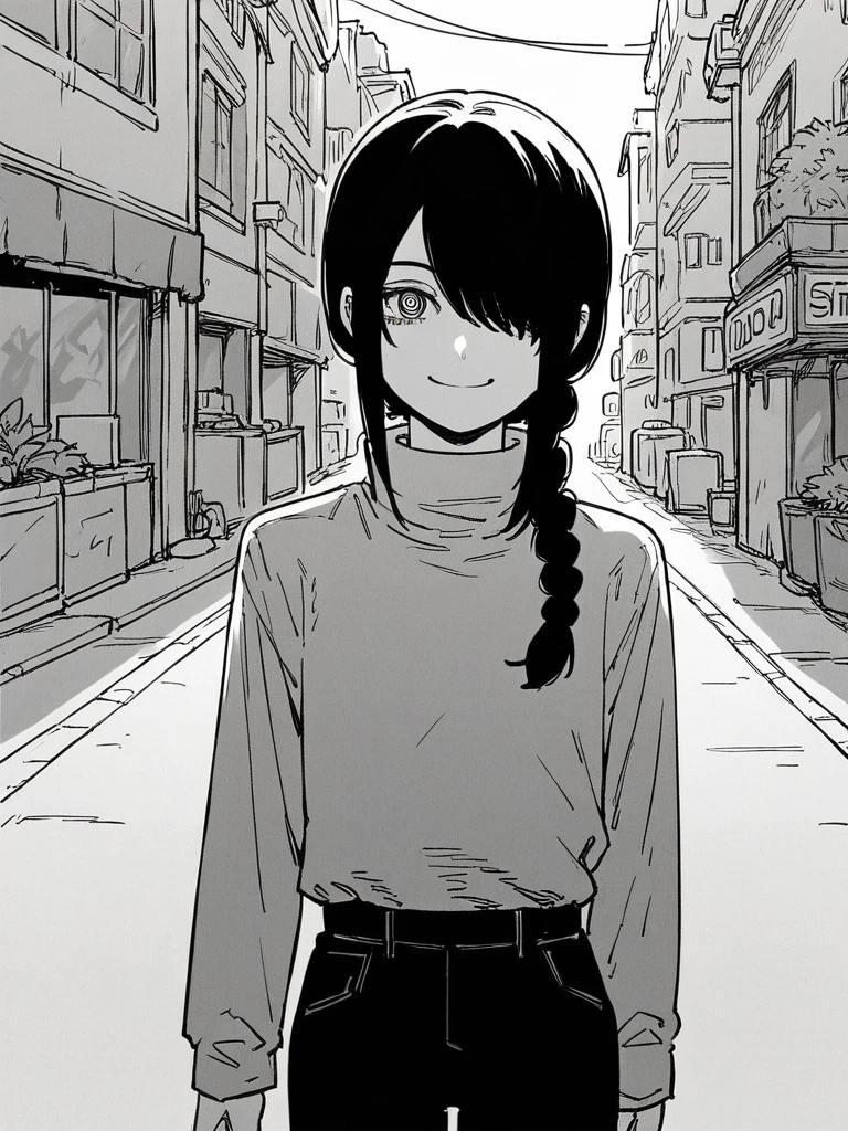 score_9, score_8_up, score_7_up,
1girl, nayuta csm, black hair, ringed eyes, single braid, hair over one eye, monochrome,
outdoors, street, solo, city, turtleneck, black pants, long sleeves,
standing, smile, cute, looking at viewer,