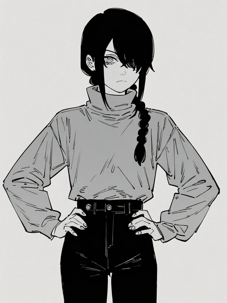 score_9, score_8_up, score_7_up,
1girl, monochrome, nayuta csm, black hair, hair over one eye, single braid, ringed eyes,
standing, turtleneck, long sleeves, black pants, frown, looking at viewer, hands on hips,
