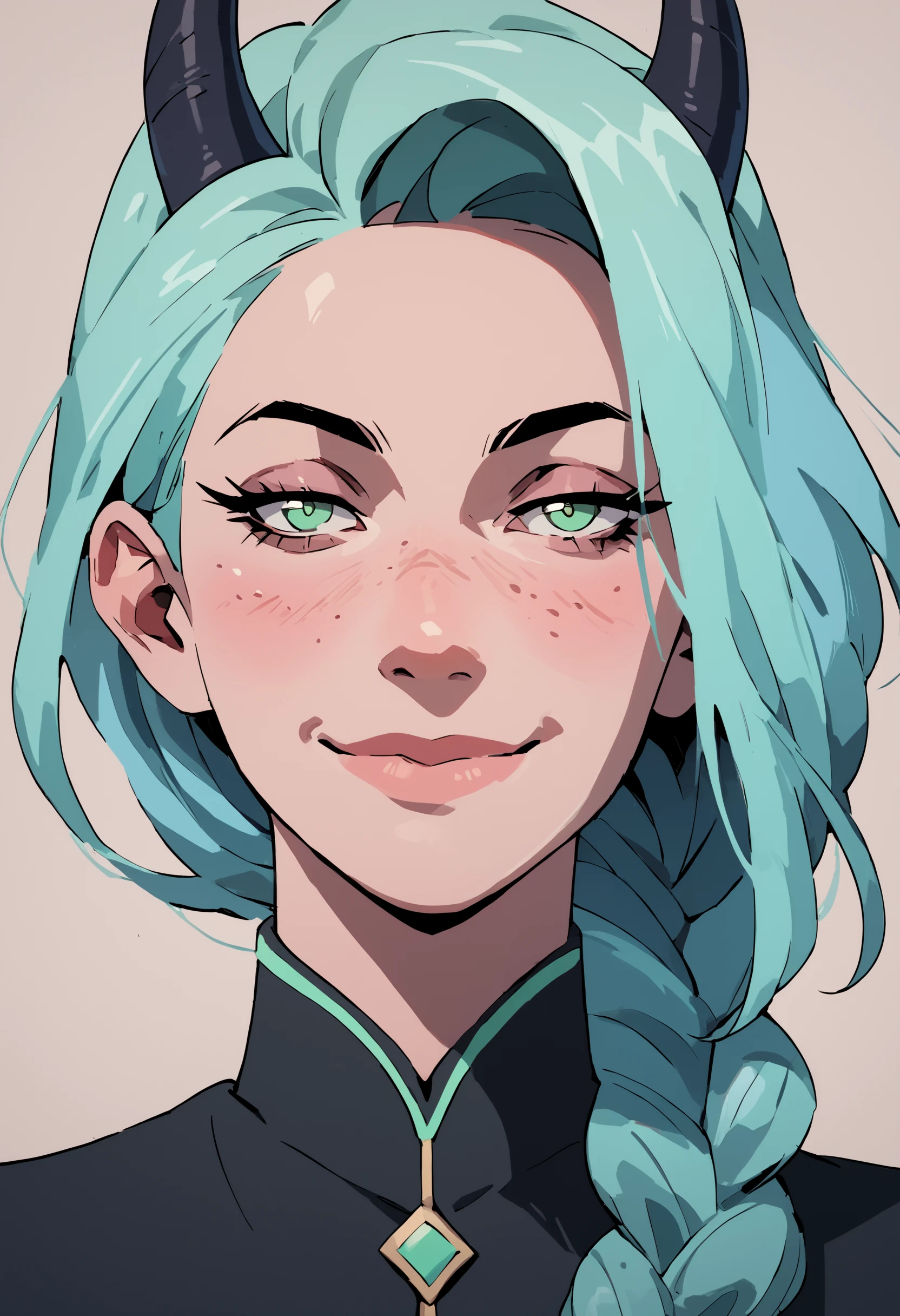 score_9, score_8_up, score_7_up, portrait, closeup, 1girl, dreamy eyes, ((devil horns)), mint blue hair, braided ponytail, freckles, light smile, half closed eyes, 
 <lora:scav3ngersV4_epoch_1:1.8>