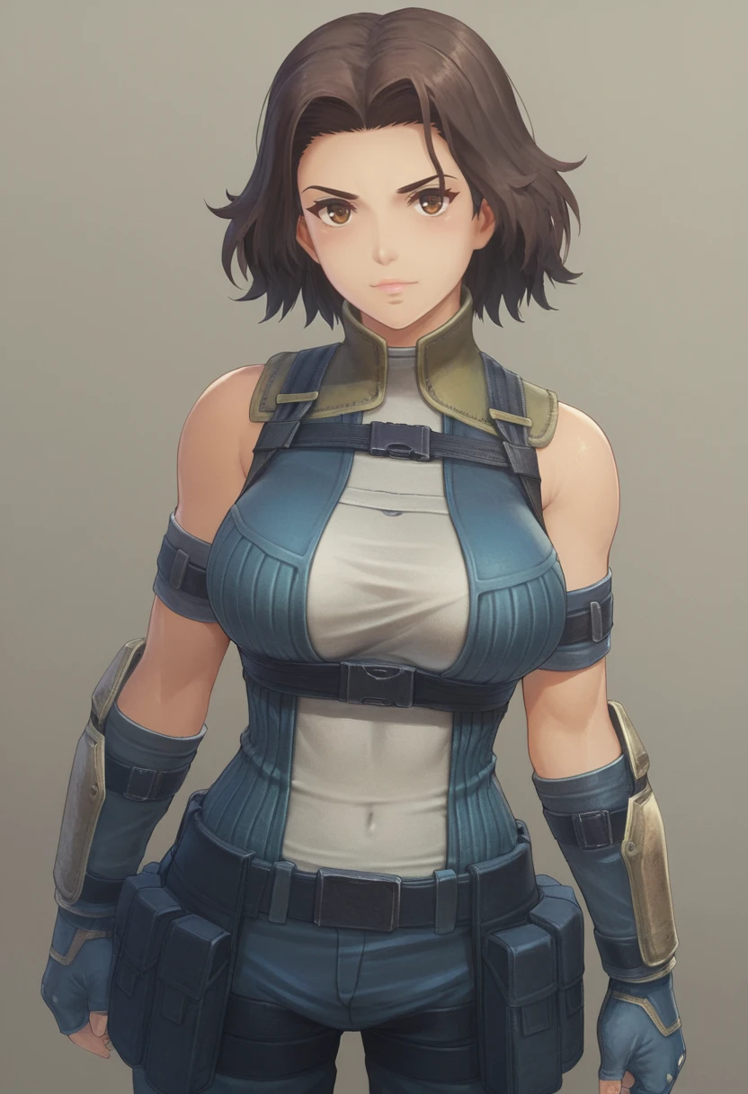 score_9, score_8_up, score_7_up, vanguard, 1girl, solo, cowboy shot, ribbed shirt, green collar, blue pants, arm guards, fingerless gloves, arm bands, short hair, large breasts, brown eyes, monica, simple background <lora:monica xl 001 fro 95:1>