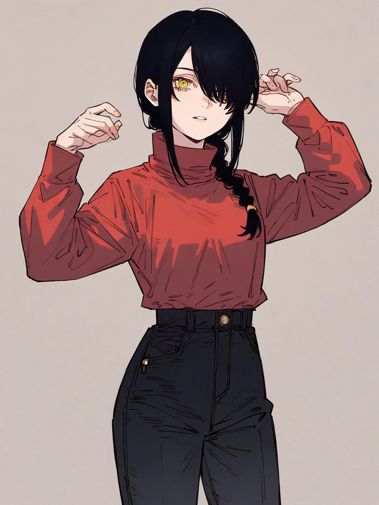 score_9, score_8_up, score_7_up,
1girl, nayuta csm, black hair, single braid, ringed eyes, hair over one eye, yellow eyes,
red shirt, turtleneck, long sleeves, black pants, looking at viewer,