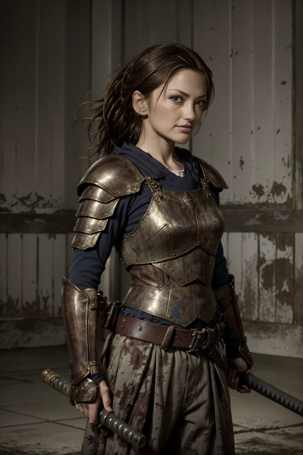 Horror-themed,<lora:samurai style SD1.5:1.2>,an epic cinematic photo of,
<lora:opt-minkakelly2010s:1>,opt-minkakelly2010s,brown hair,brown eyes,smirk,
in a legendary armor holding an epic hammer with perfect hands female samurai style,Eerie,unsettling,dark,spooky,suspenseful,grim,highly detailed,