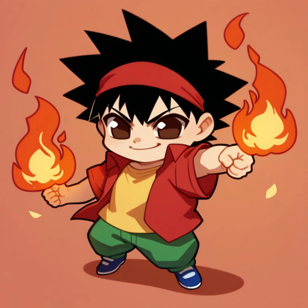 score_9, score_8_up, score_7_up BREAK EasyNegativeV2, HighKoni, 1boy, black hair, red hairband, brown eyes, open red shirt, yellow shirt, green pants, blue white shoes, fire punch, giving fire punch, fire fist, chibi body, chibi size, smiling,