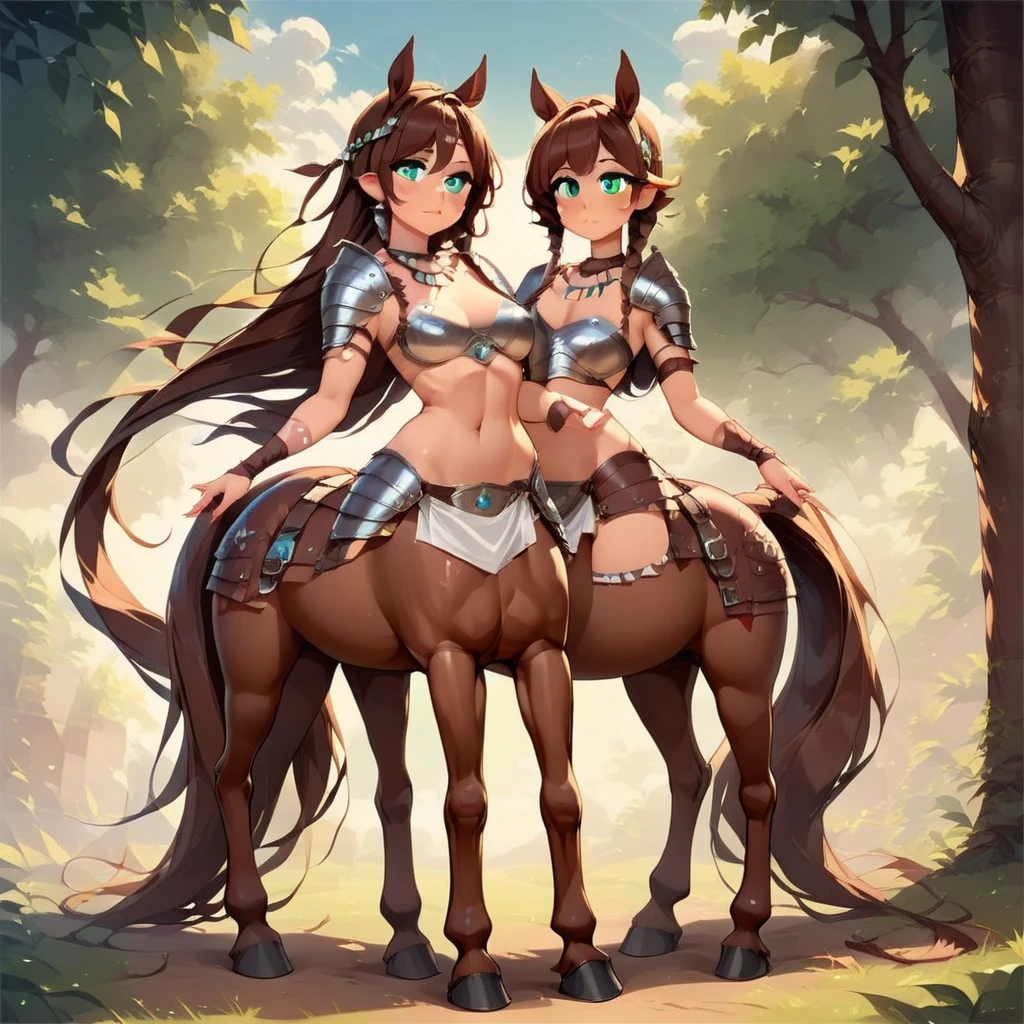 blue eyes, medium breasts, hair ornament, 2girls, necklace, tail, green eyes, horse ears, tattoo, large breasts, brown hair, penis, shoulder armor, breastplate, animal ears, ahoge, horse tail, tree, parted lips, cloud, hand up, uncensored, very long hair, bangs, faulds, small breasts, closed mouth, braid, pointy ears, smile