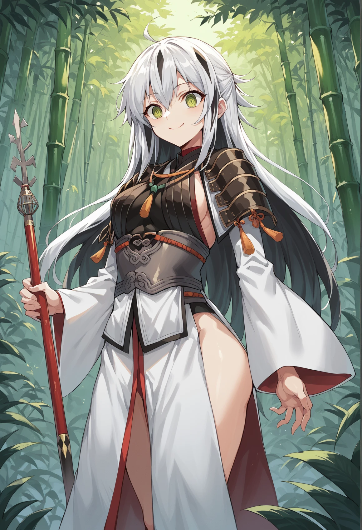 1girl, long hair, multicolored hair, white hair, black hair, green eyes, japanese clothes, sideboob, wide sleeves, detached sleeves, hip vent, japanese armor, standing, holding polearm, spear, outdoors, bamboo forest, smile, closed mouth, cowboy shot, @ @,   <lora:Egao:1>, score_9, score_8_up, score_7_up, score_6_up, score_5_up, score_4_up, BREAK source_anime, masterpiece