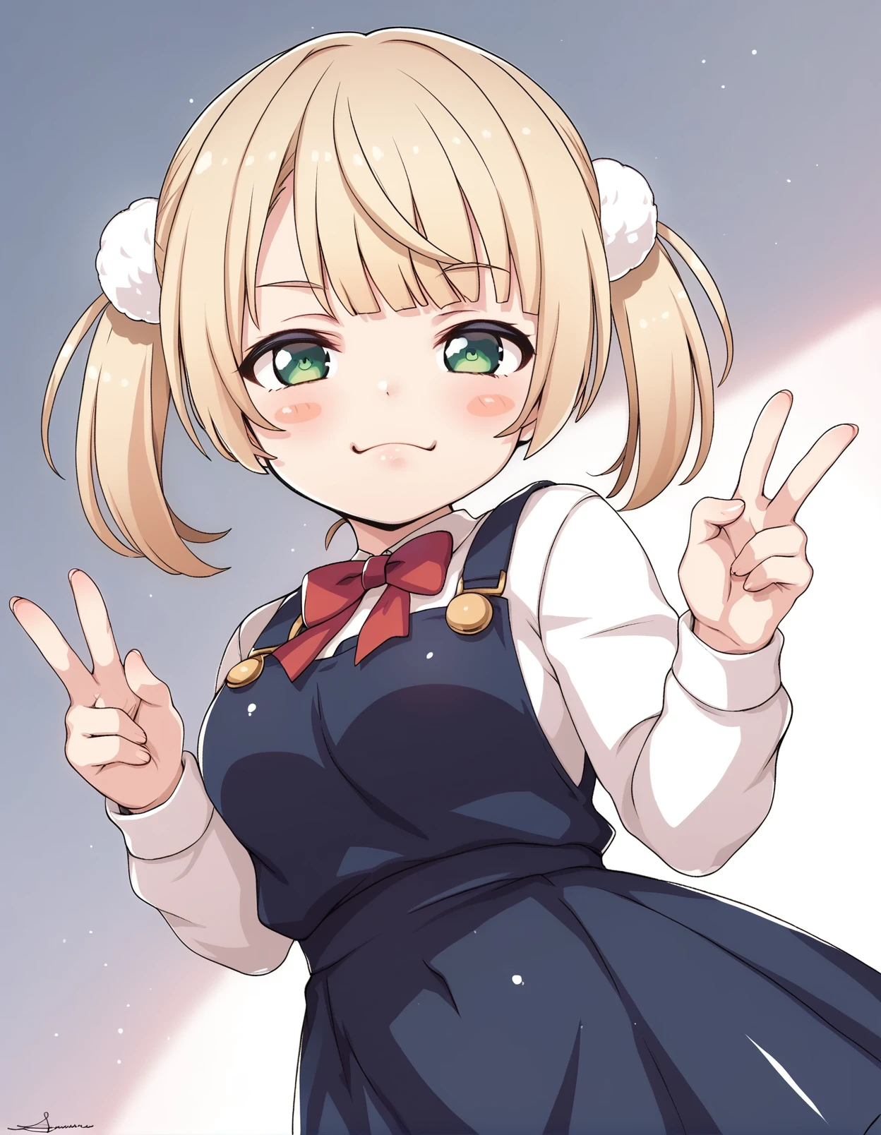 score_9, score_8_up, score_7_up,score_6_up,score_5_up,score_4_up, 1girl , dutch angle, frown,smug, blush stickers, medium hair,twintails, blonde hair, green eyes, looking at viewer, hair ornament, shigure ui \(vtuber\), pinafore dress, long sleeves, bowtie, pom pom hair ornament, dark blue dress, v, from side, medium breasts,
<lora:samneco_style_pony6_v2-000034:1> <lora:updated_shigure ui-requiem_PONY_epoch-000020:0.4>