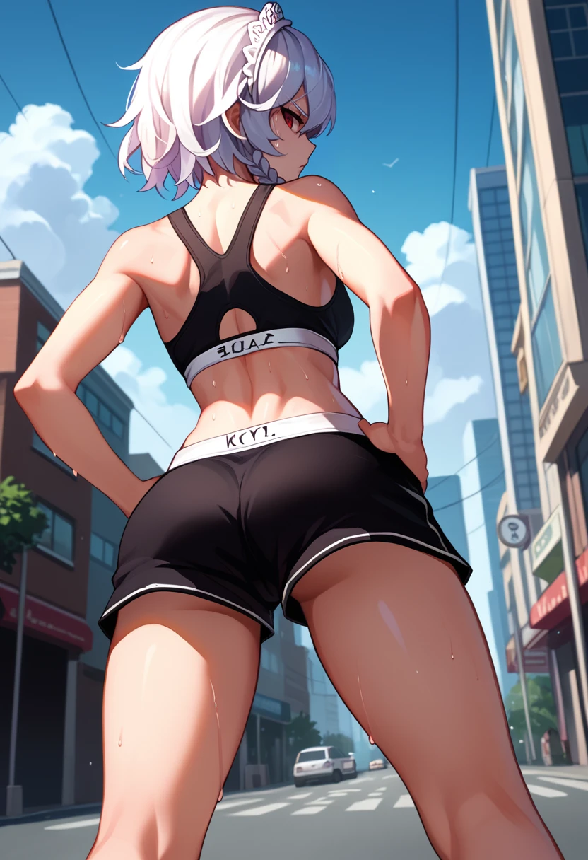 score_9, score_8_up, score_7_up, source_anime, from behind, solo, 1girl, kdizay0i, sweat, expressionless, looking back, hands on own hips, white hair, twin braids, maid headdress, red eyes, black sports bra, black shorts, short shorts, ass, outdoors, city street <lora:koumajoudensetsu_izayoi_ponyXL:1>