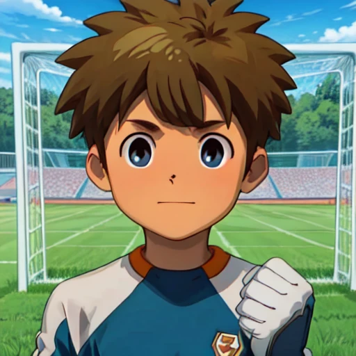 {{{{{m{{{{{masterpiece}}}}}} {{{{{high indicrated details}}}}} , soccer boy,green  soccer trikot, , best quality, on grass 8 K, High Quality, , stay infront goal, keeper gloves, catch a ball
 <lora:Tachimukai_Yuuki_Inazuma_Eleven:1> TachimukaiYuuki, brown hair, kid, focus male child