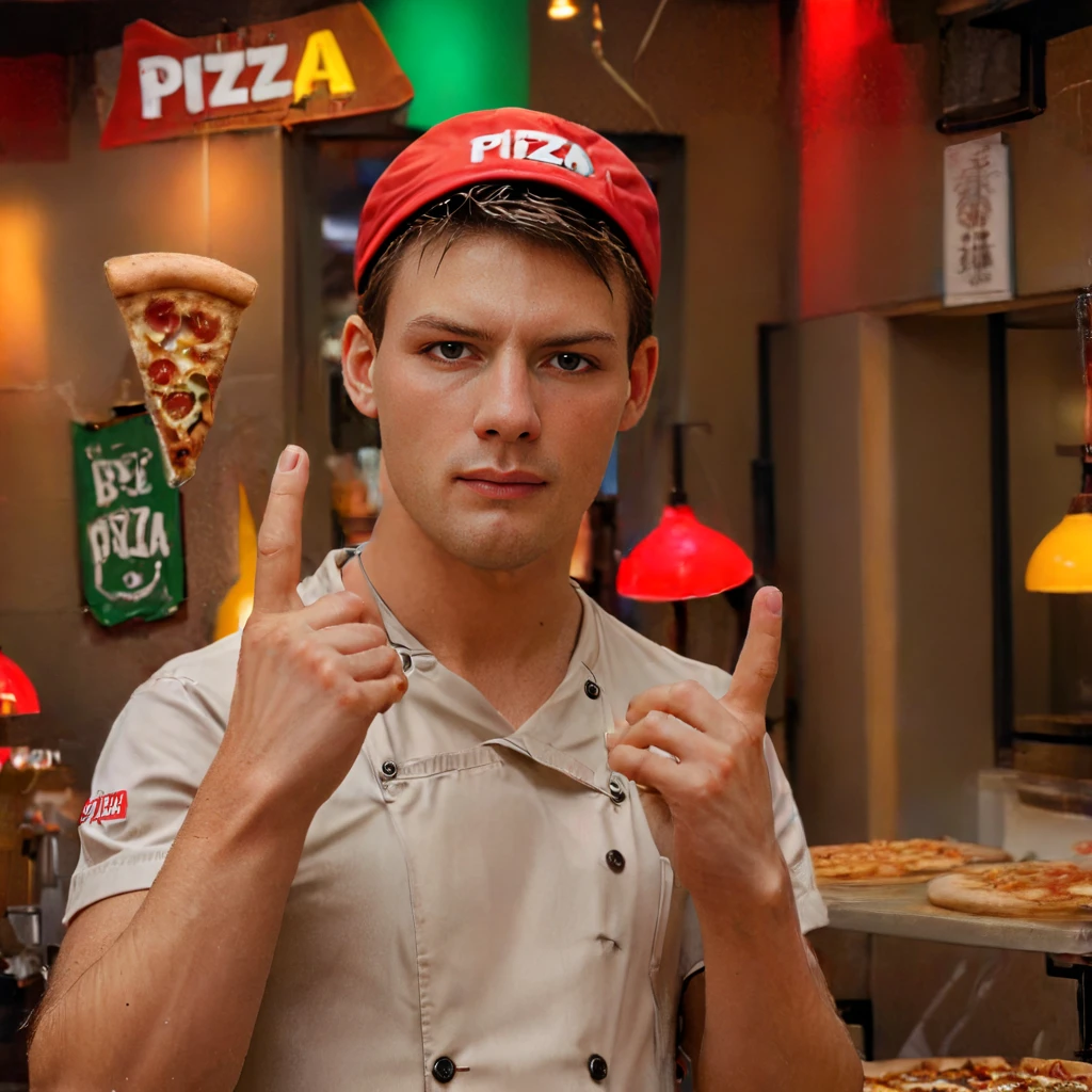 face of rickdonovan, rickdonovan in a chef outfit with hands up and fingers extended dressed as a pizza delivery guy, background is a pizza restaurant counter, face of rickdonovan, full bright background, intricate, elegant, highly detailed, symmetry, fine detail, clear focus, open dynamic color, cinematic, professional composition, mystical, best light, deep colors, sharp, romantic, new, great artistic, exciting, beautiful, atmosphere, magic, fascinating, aesthetic, stunning, perfect, creative, positive, unique, cute