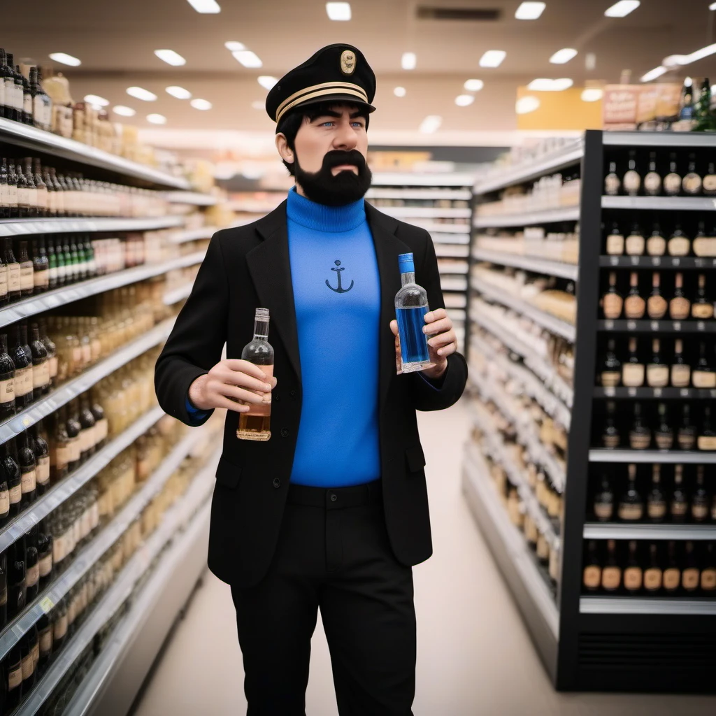 cinematic photo full body portrait robotic  man ,  black  hair, blue shirt, blush, black pants, facial hair, hat, buying alcohol in a grocery store <lora:Haddock1024:0.8>  . 35mm photograph, film, bokeh, professional, 4k, highly detailed