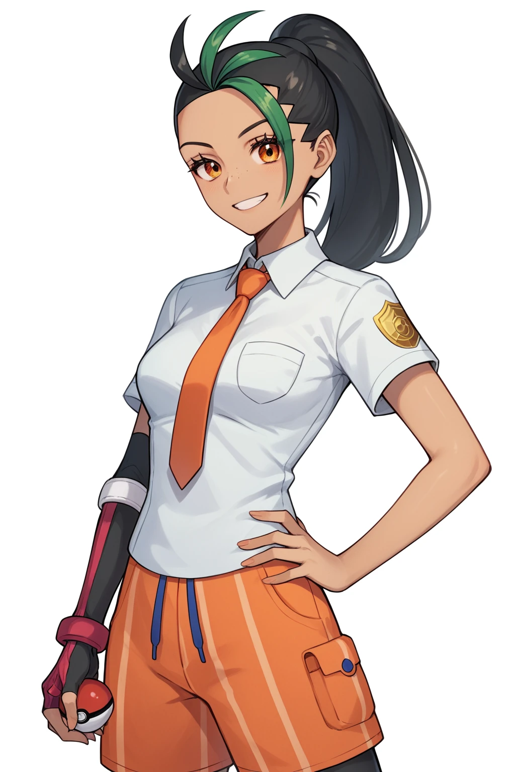 Score_8_up, score_7_up, Score_9, BREAK, 1girl, solo, nemona, naranja academy uniform, white shirt, orange shorts, pantyhose, single glove, orange necktie, smile, looking at viewer, holding pokeball, white background, hand on hip<lora:EMS-415330-EMS:0.600000>