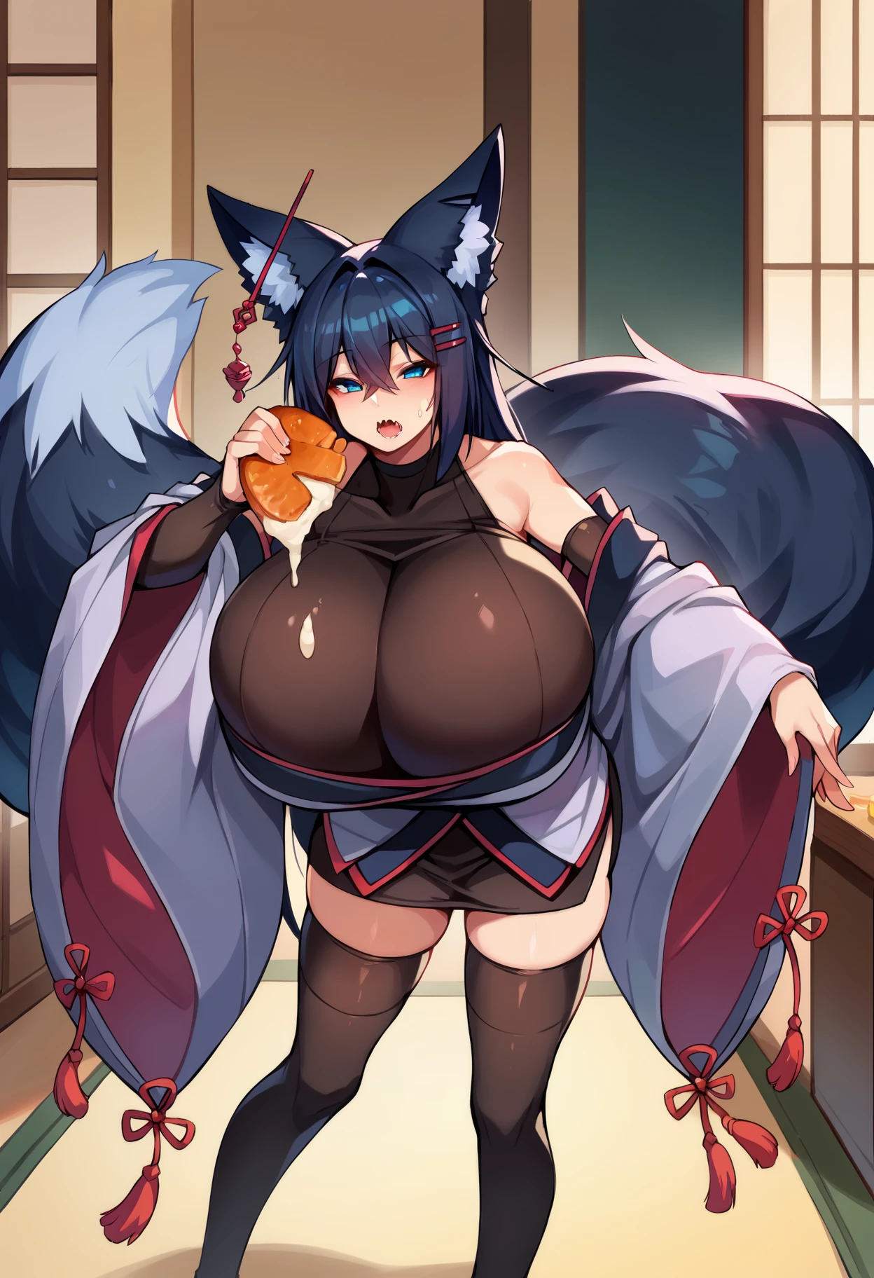 1girl,  gigantic breasts, yukata, japanese_style, night, two side up, cat ear,hyper breasts, open_yukata, off-shoulder, full_body, (all-fours:1.2), blush, (sweaty:1.5), large areolae,gao, chains, torn_clothes,(torn clothes:1.3), pussy, (pussy juice:1.4), ,Lactation, nsfw