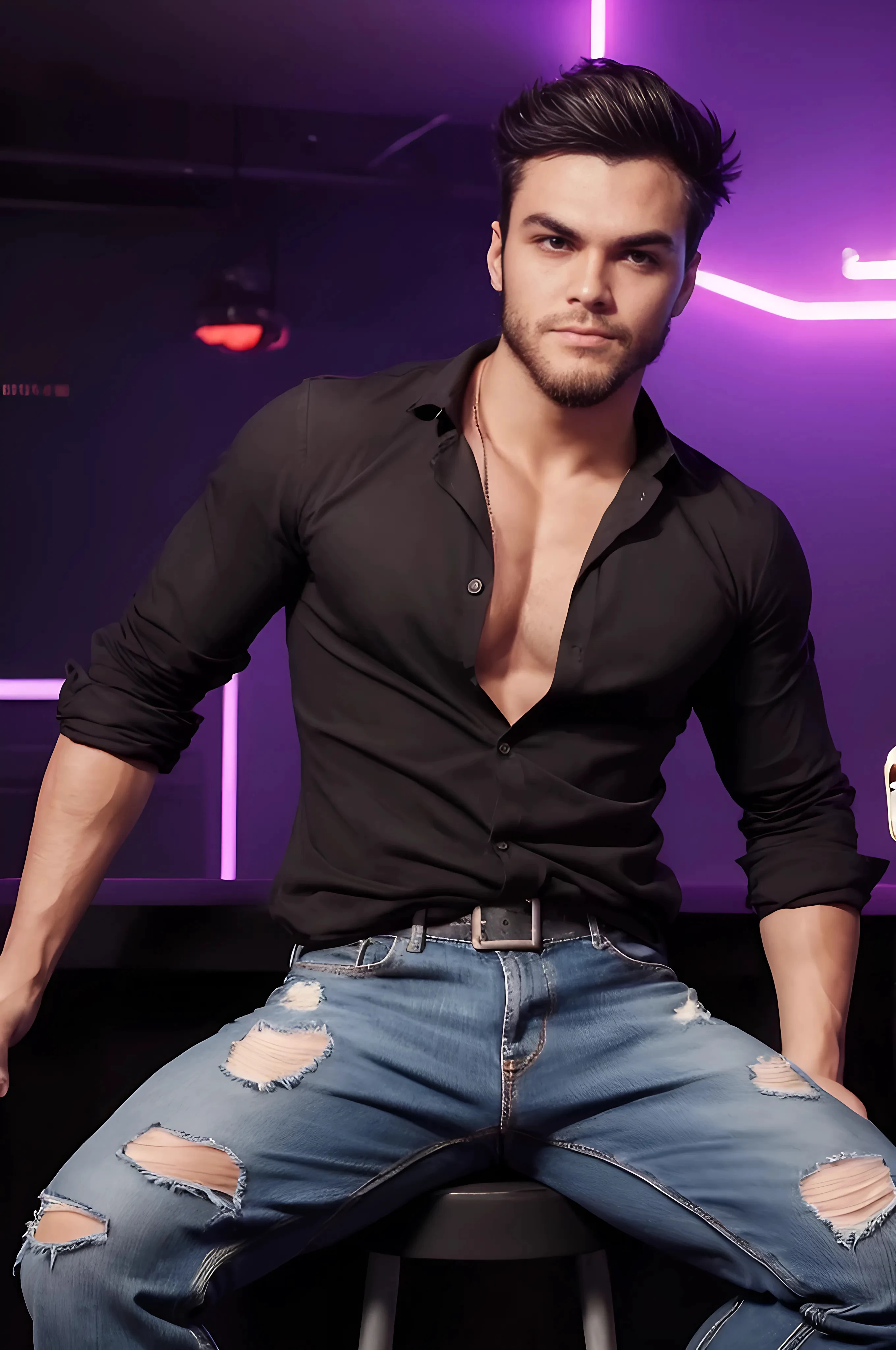 Ethan Dolan in night dance club, (man in (white button up shirt)) and jeans (sit on (barstool) in the club), (grim harsh:1.2), defined toned man with short brown haircut, (Disco lights:1.2), dance floor, (neon Lighting:1.2), nightclub lighting, epic composition, beautiful, high budget, ((masterpiece)), ((best quality:1.2)), High Resolution, 8k, upper body image, (ultra_realistic:1.3), (photorealistic:1.4), sharp focus, 1boy, (perfect face), wide angle, handsome, hazel eyes, solo, 1boy, looking at viewer, facial hair, stubble,