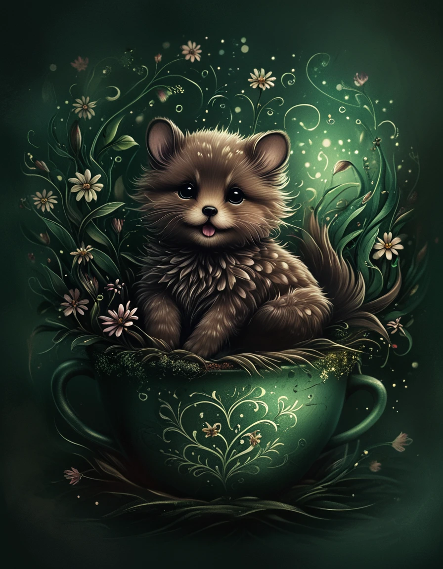 cute animal sitting in a cup with flowers and swirls <lora:CBS_novuschroma12 style:1.5> novuschroma12