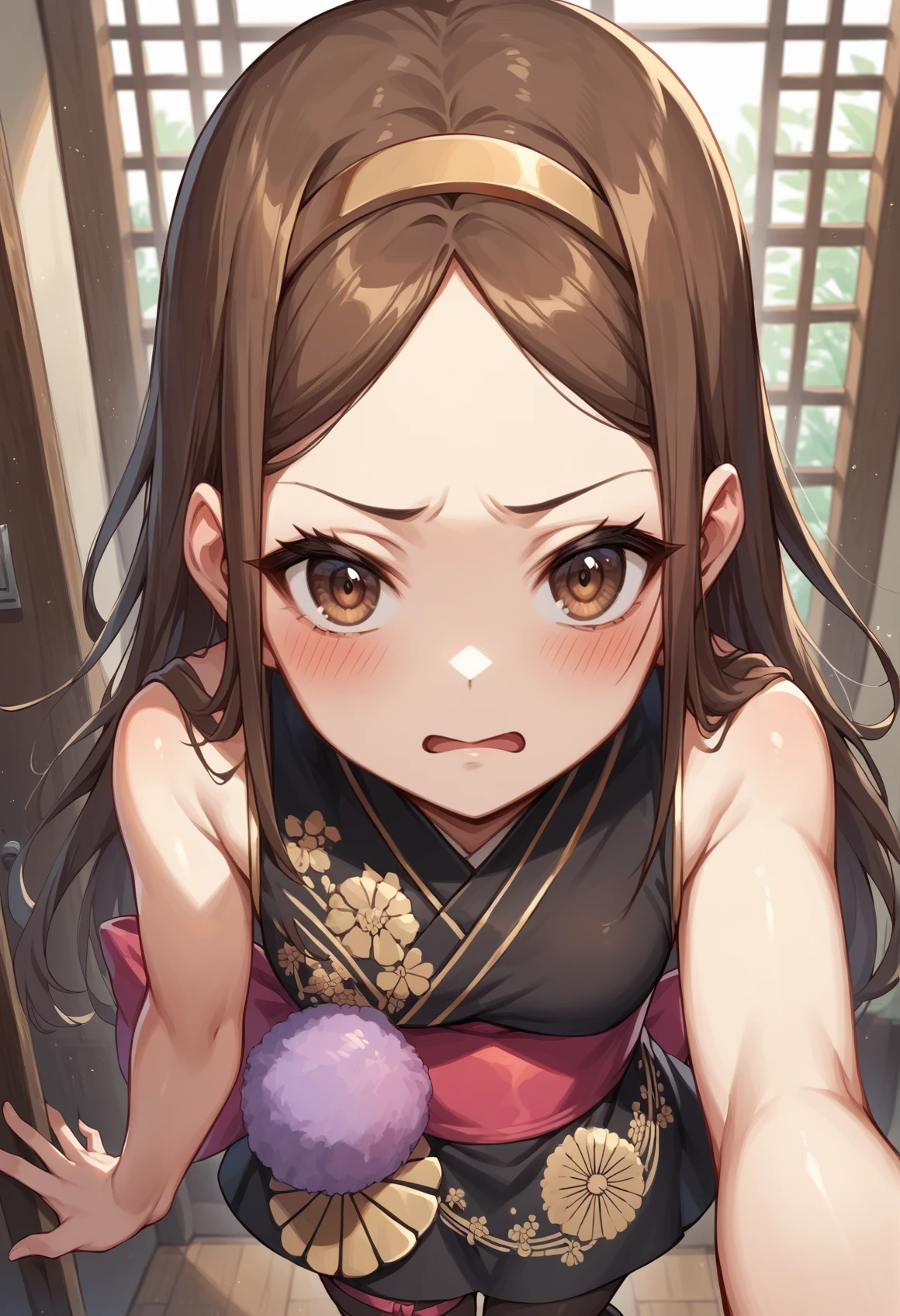 1girl, long hair, brown hair, brown eyes, forehead, hairband, dress, sleeveless, obi, thigh strap, pantyhose, reaching towards viewer, indoors, livingroom, aroused, chestnut mouth, close-up, half-closed eyes, from above, blushing  <lora:Chacha:1>, score_9, score_8_up, score_7_up, score_6_up, score_5_up, score_4_up, BREAK source_anime, masterpiece